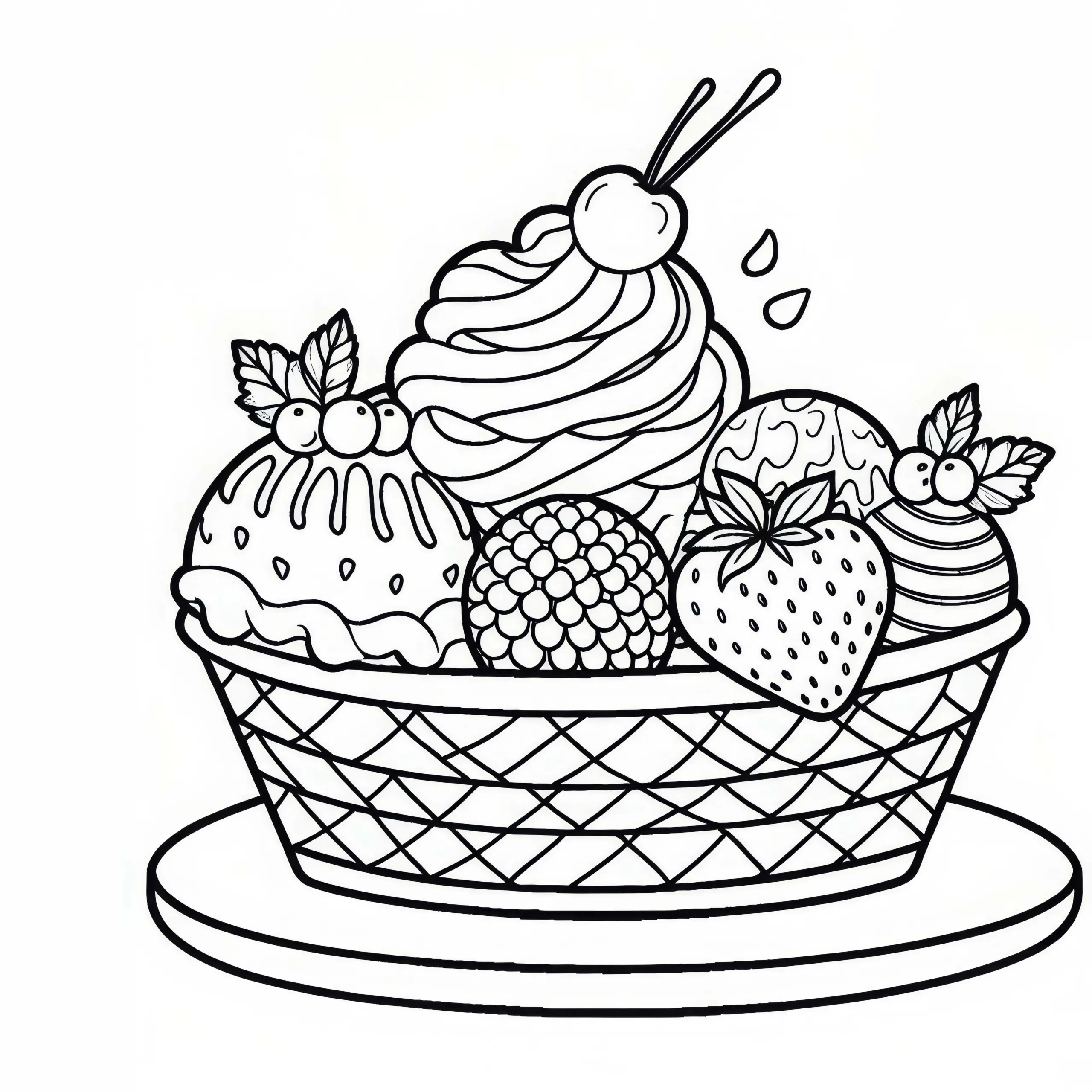 Eis als Dessert – Malvorlage zum Ausmalen und Download (Ausmalbild)