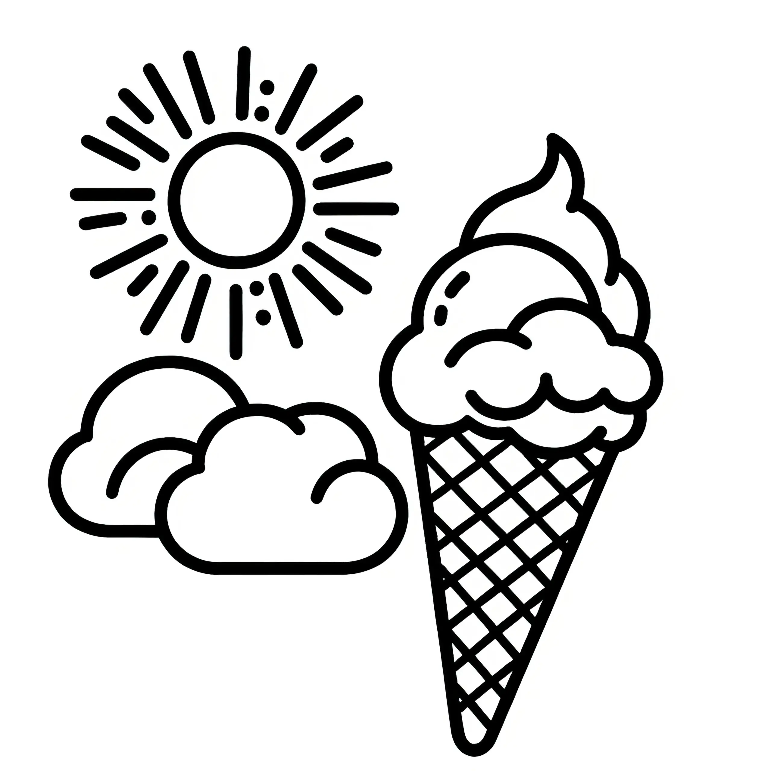 Eis in der Waffel mit Sonne und Wolken: Ausmalbild gratis