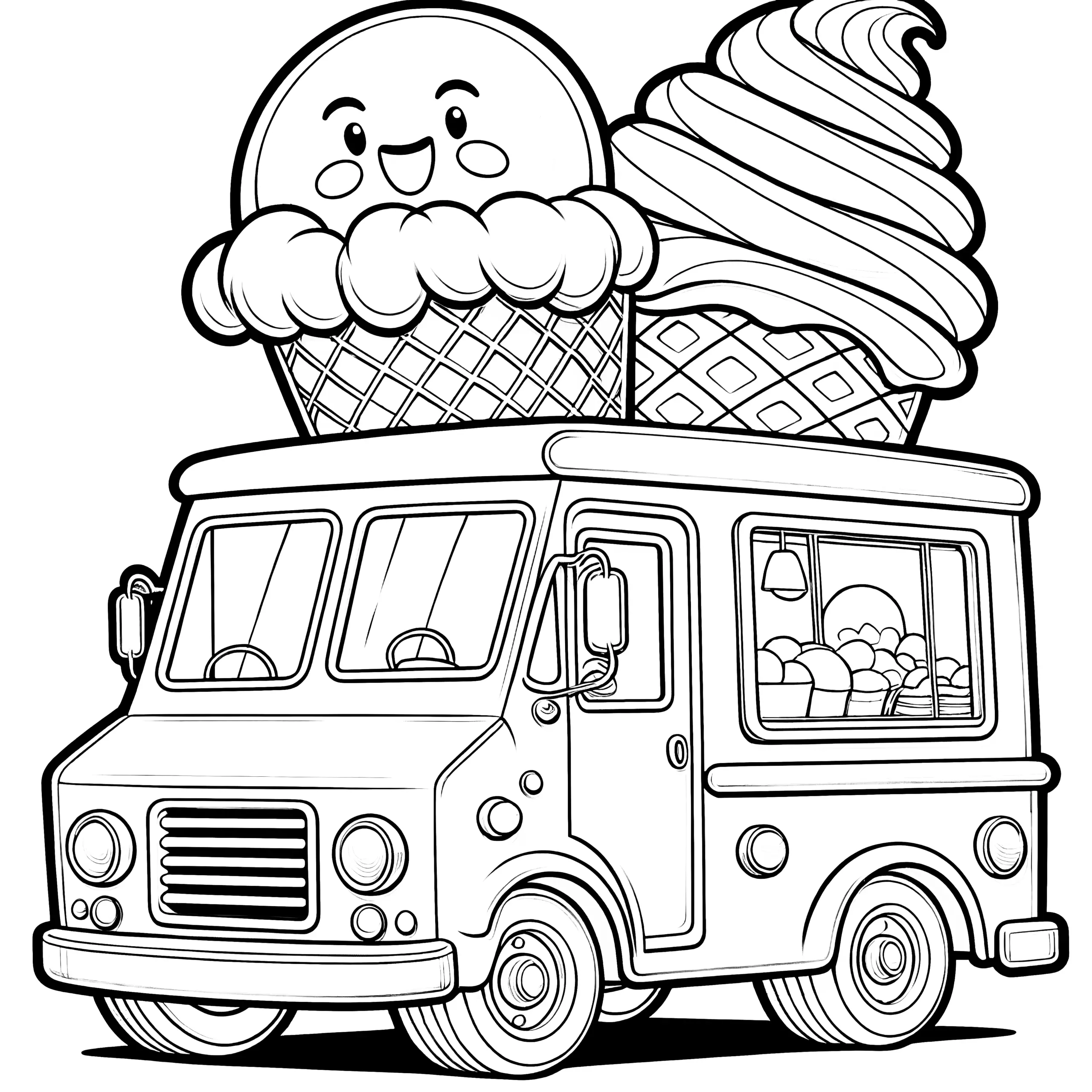 Eisauto mit lachendem Eis: Zum Ausmalen und Ausdrucken (Kostenlos) (Ausmalbild)