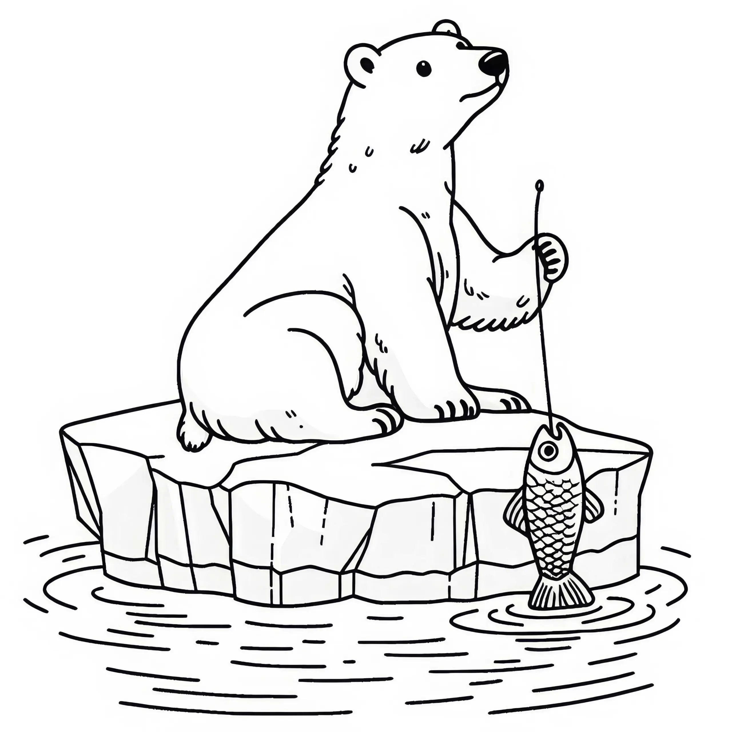 Eisbär fängt Fisch: Einfache Malvorlage (Gratis) (Ausmalbild)
