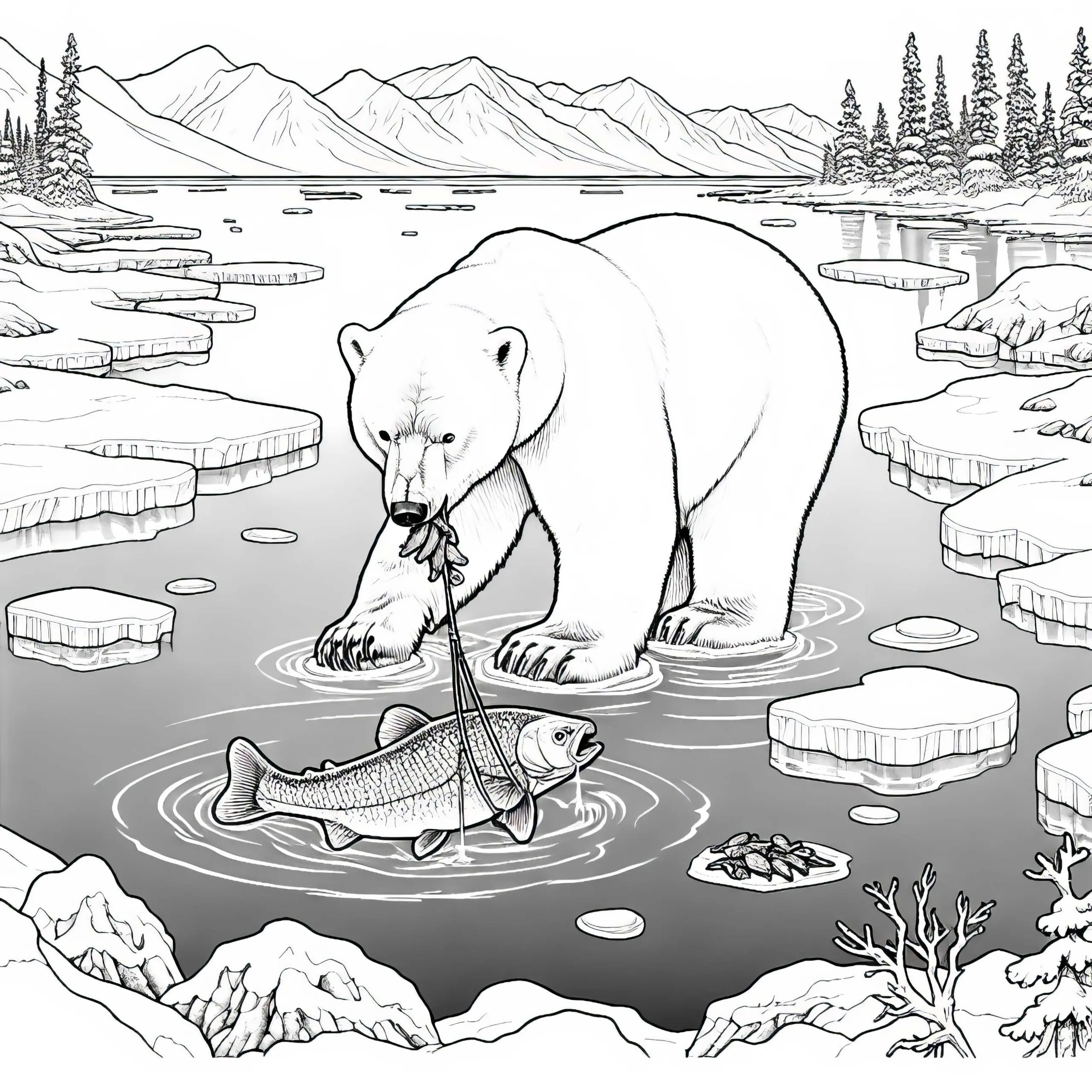 Eisbär beim Fischen: Kostenloses Ausmalbild