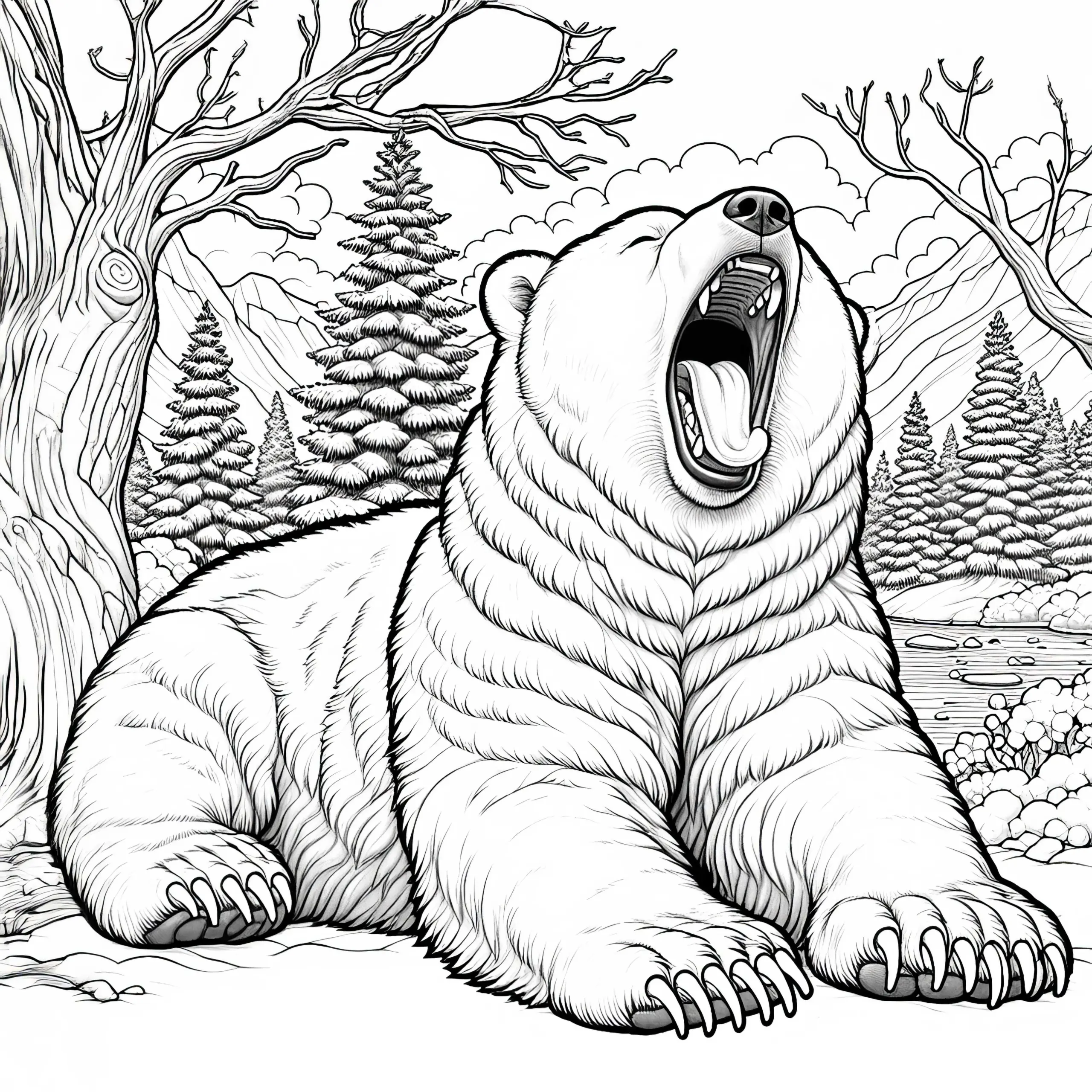 Eisbär gähnt mit offenem Maul: Detailreiche Malvorlage (Gratis) (Ausmalbild)