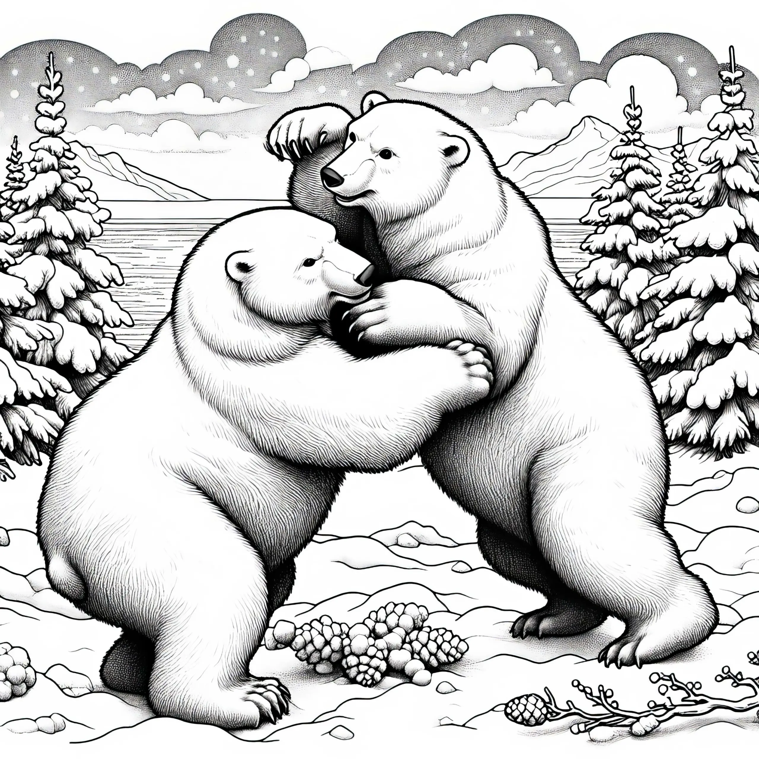 Eisbär kämpft mit Artgenossen: Detailreiche Malvorlage (Gratis) (Ausmalbild)