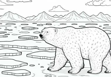 Eisbär läuft über Eisfläche – Ausmalbild Polarregion kostenlos