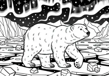 Eisbär läuft über Eisschollen mit Nordlichtern – Ausmalbild kostenlos