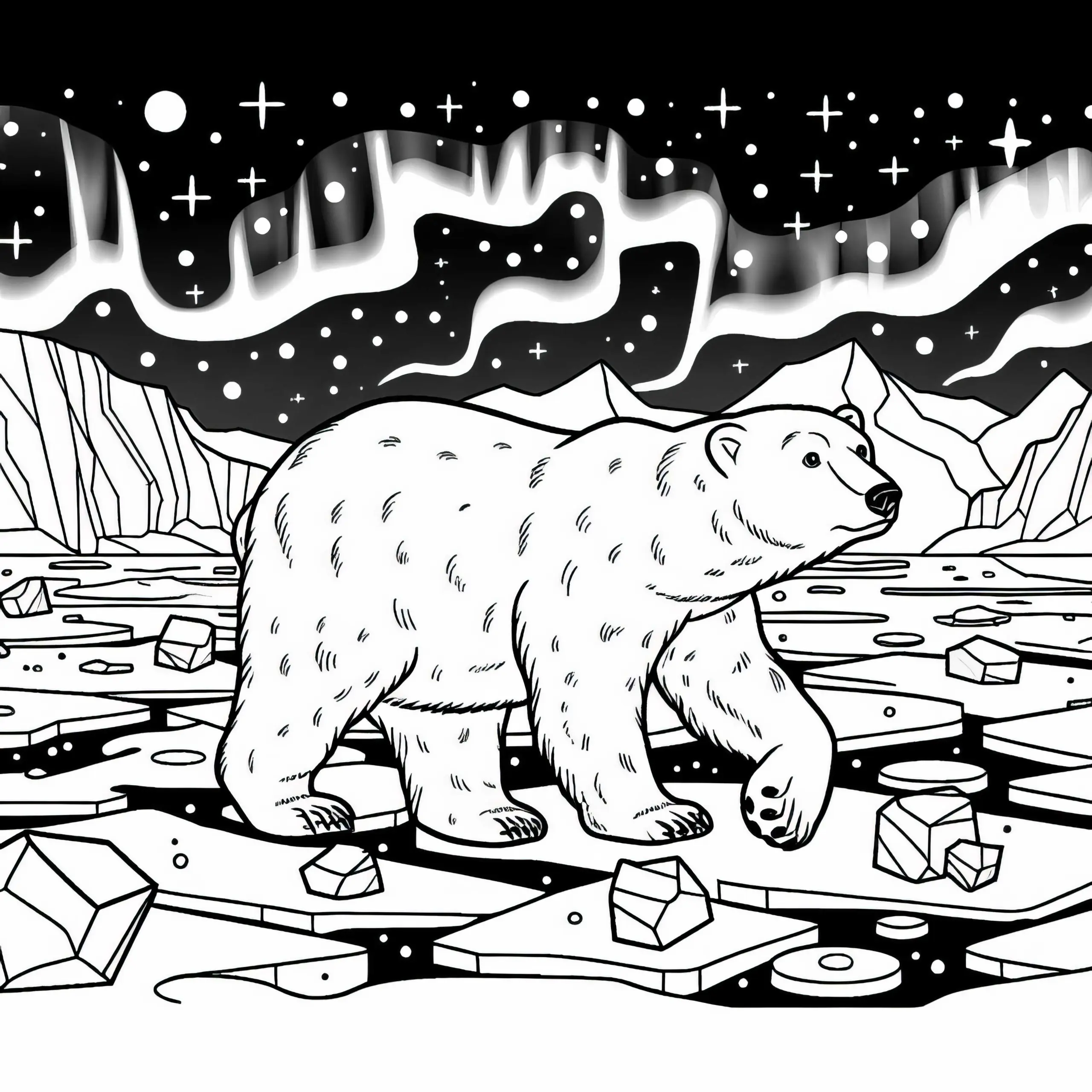 Eisbär läuft über Eisschollen mit Nordlichtern – Ausmalbild kostenlos