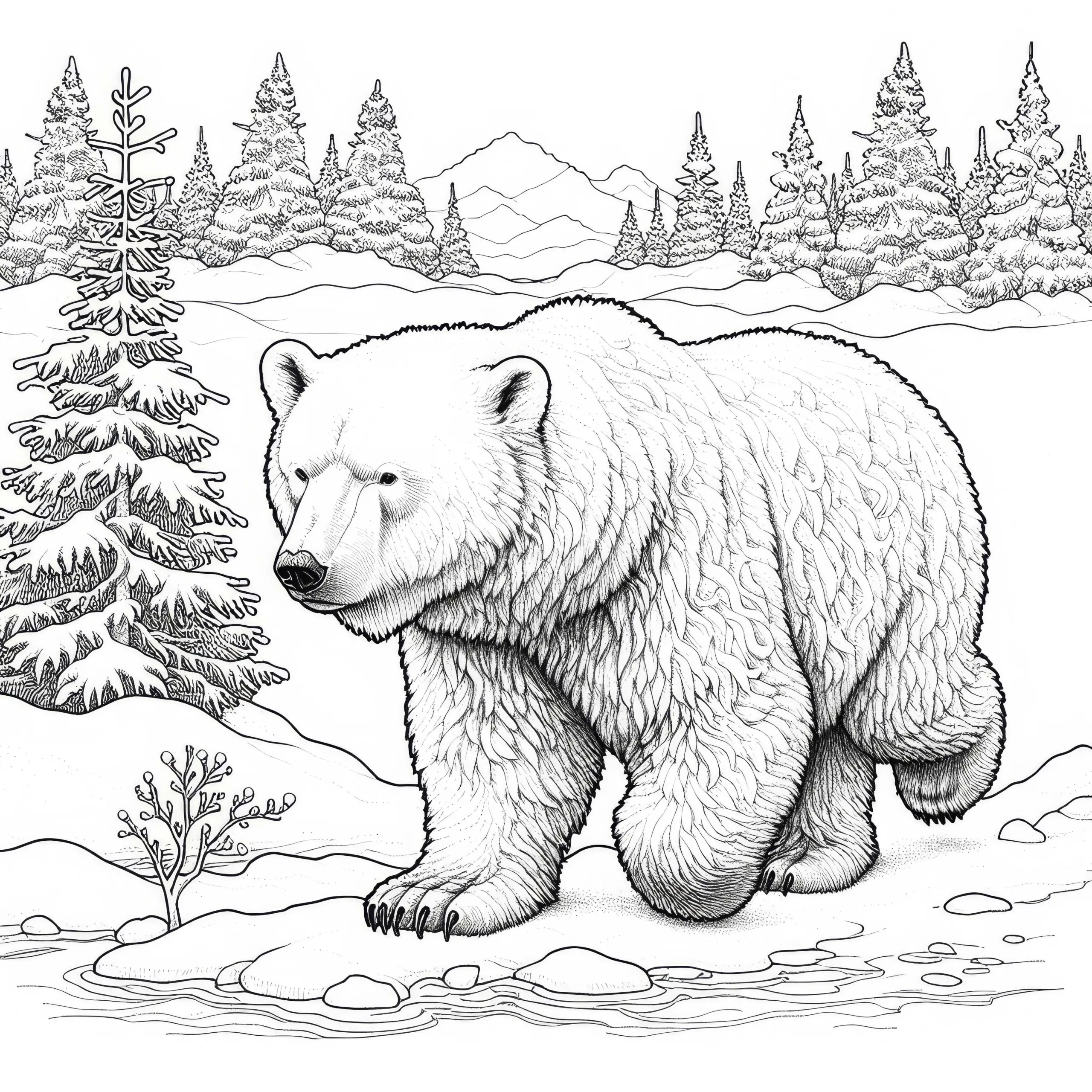 Eisbär in verschneiter Arktislandschaft: Detailliertes Ausmalbild (Kostenlos)