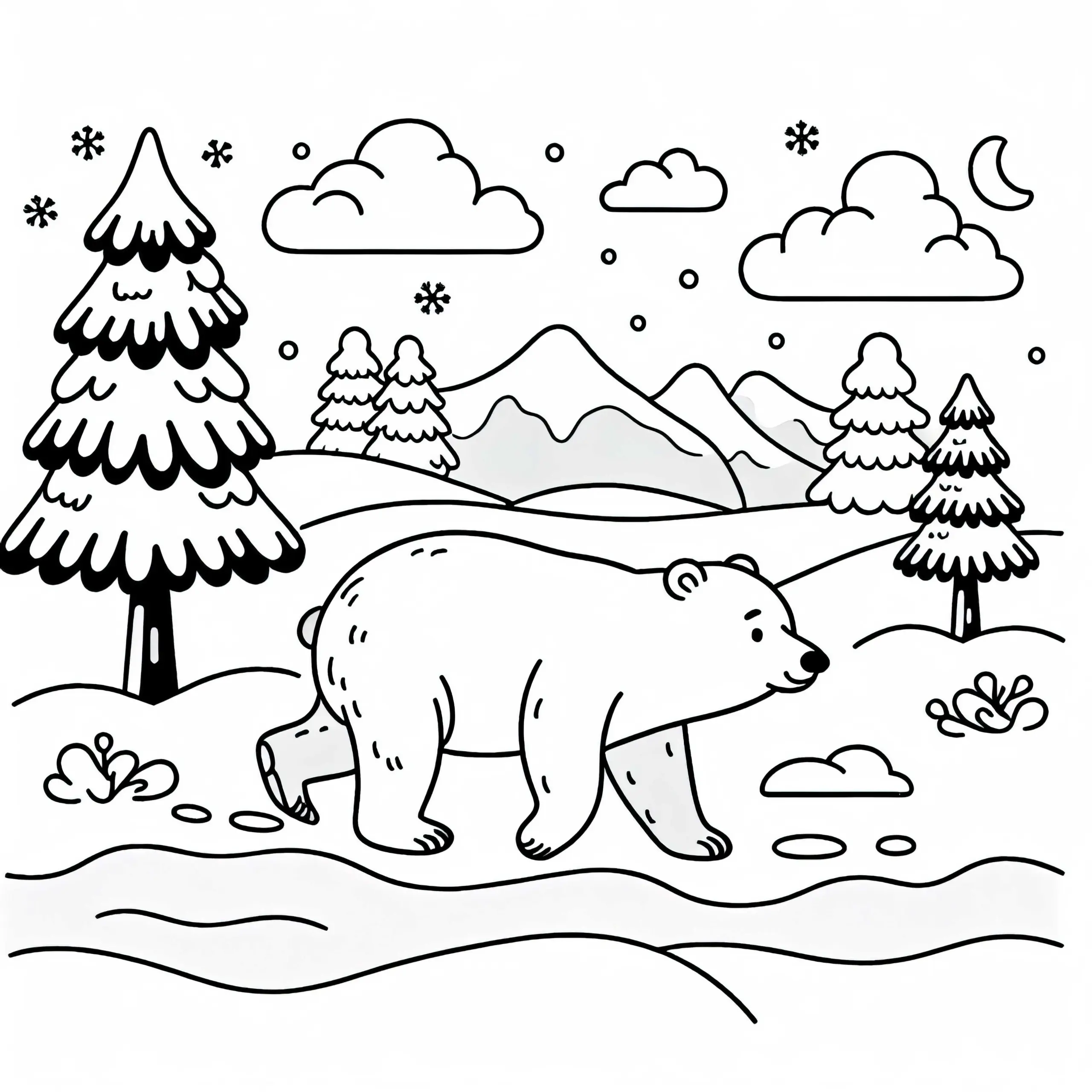 Eisbär in verschneiter Landschaft: Einfaches Ausmalbild (Gratis)