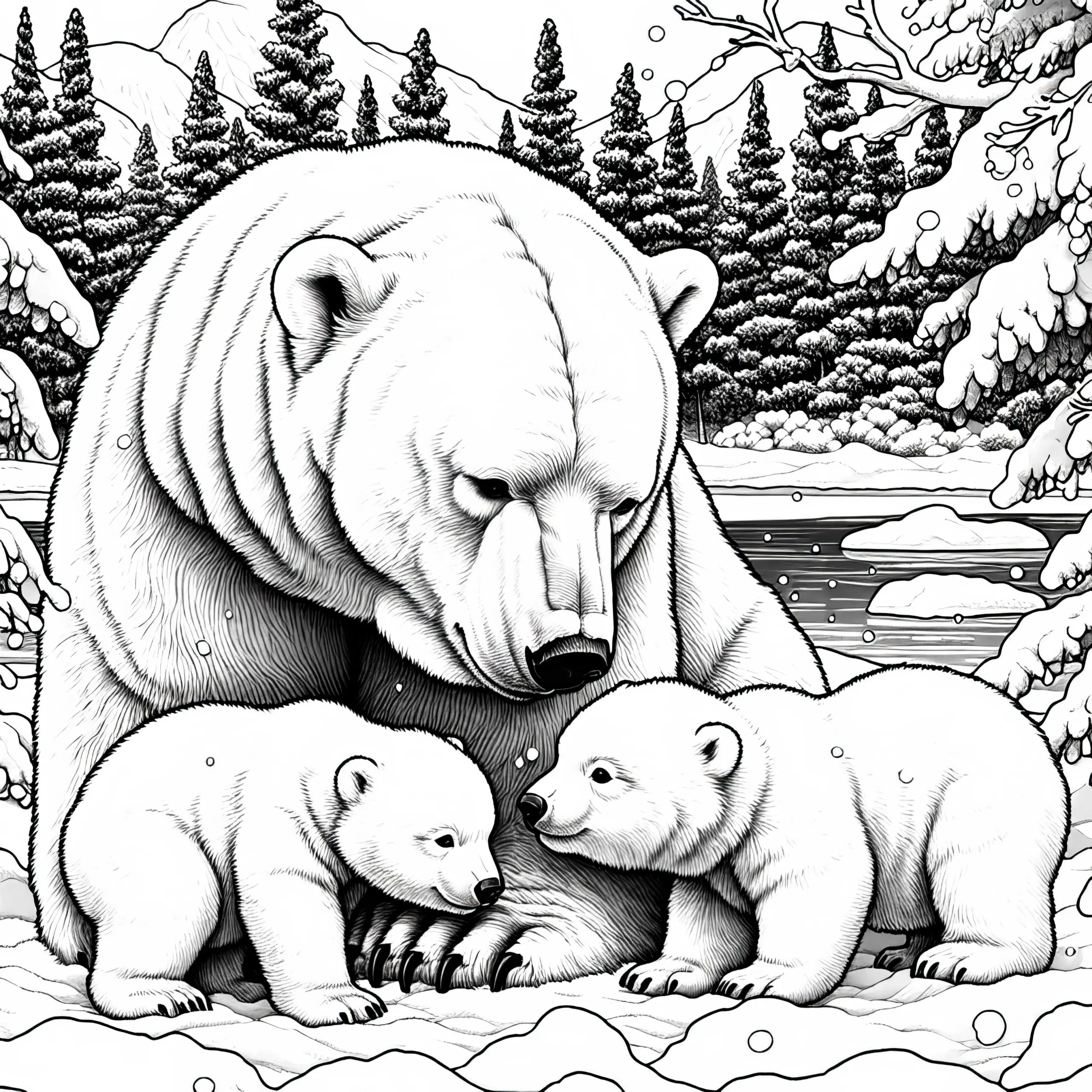 Eisbärenmutter mit ihren Jungen im Schnee: Detailreiche Malvorlage (Kostenlos) (Ausmalbild)