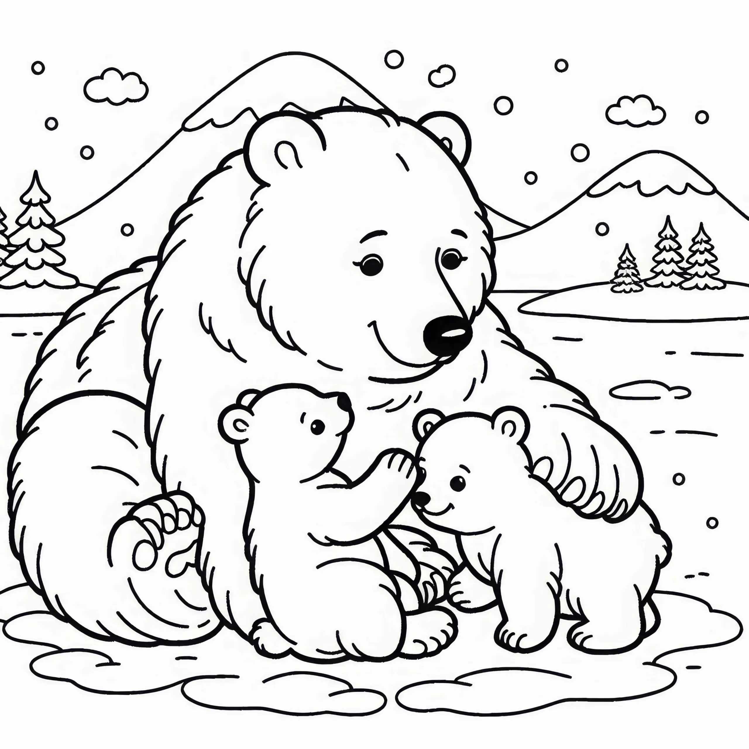 Eisbärenmutter mit ihren Jungen im Schnee: Kostenlose Malvorlage (Ausmalbild)