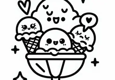 Eisbecher mit drei Kugeln als Malvorlage – Kawaii kostenlos