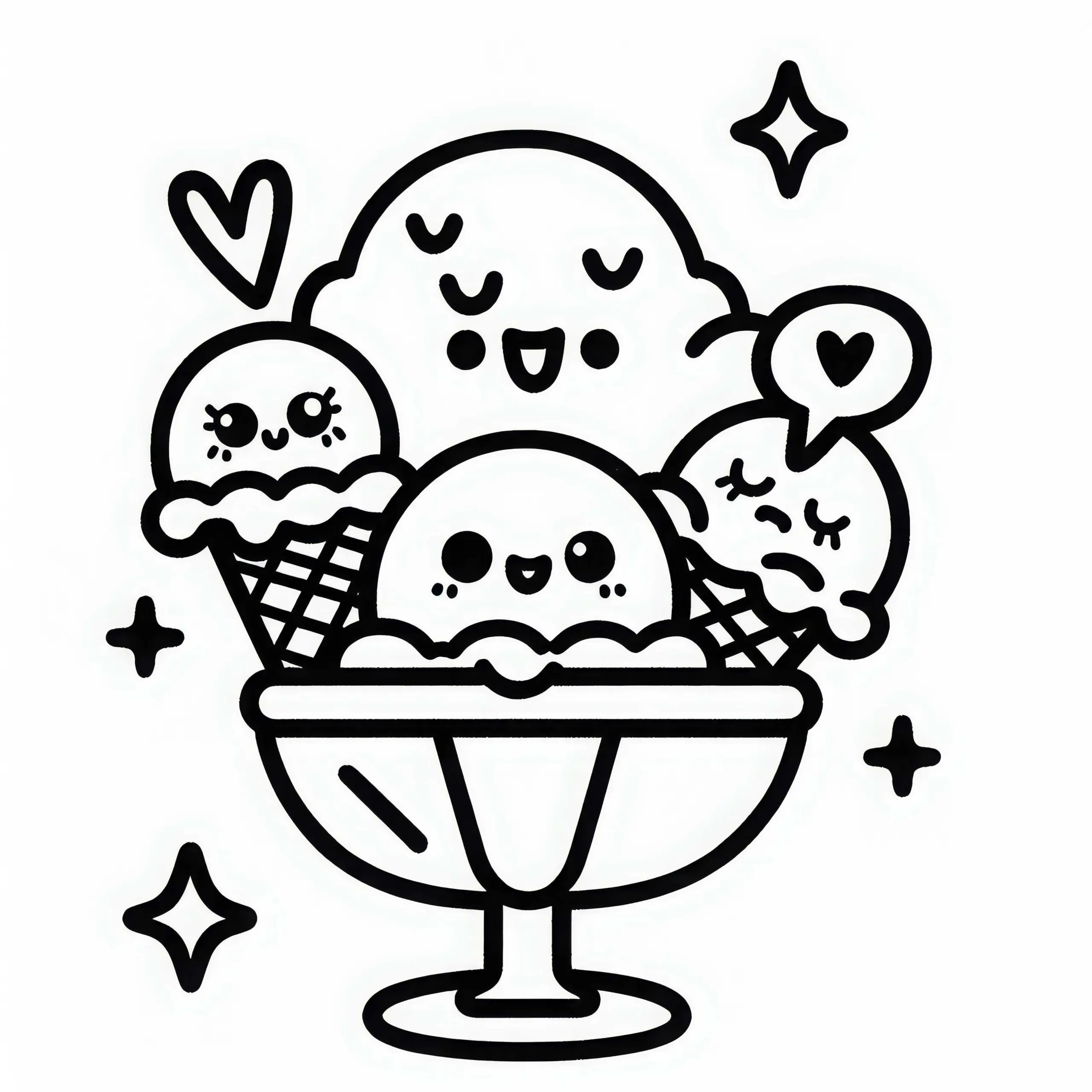 Eisbecher mit drei Kugeln als Malvorlage – Kawaii kostenlos (Ausmalbild)