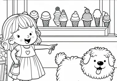 Eisdielenstand mit Kind und Hund – Ausmalbild für Mädchen ab drei