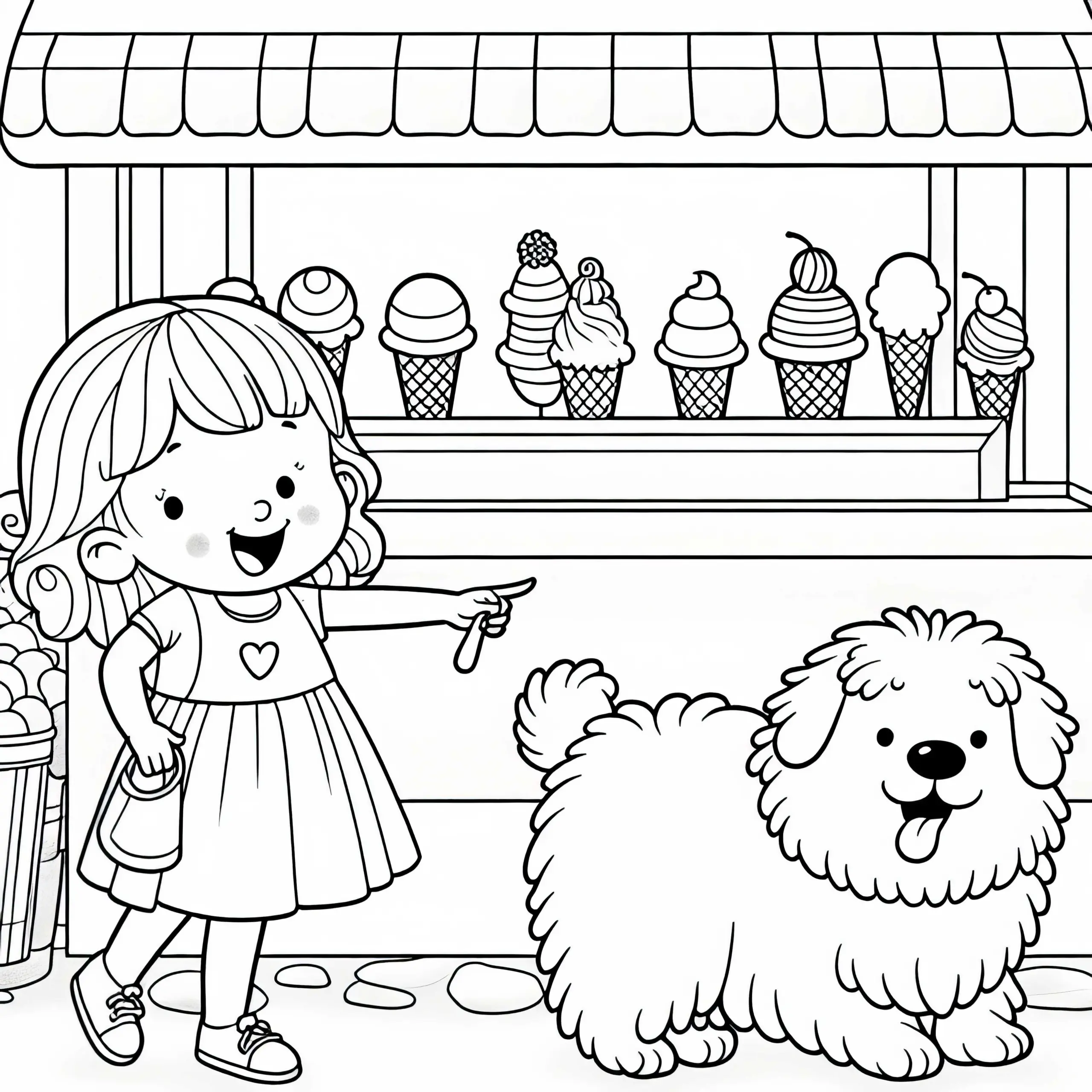Eisdielenstand mit Kind und Hund – Ausmalbild für Mädchen ab drei