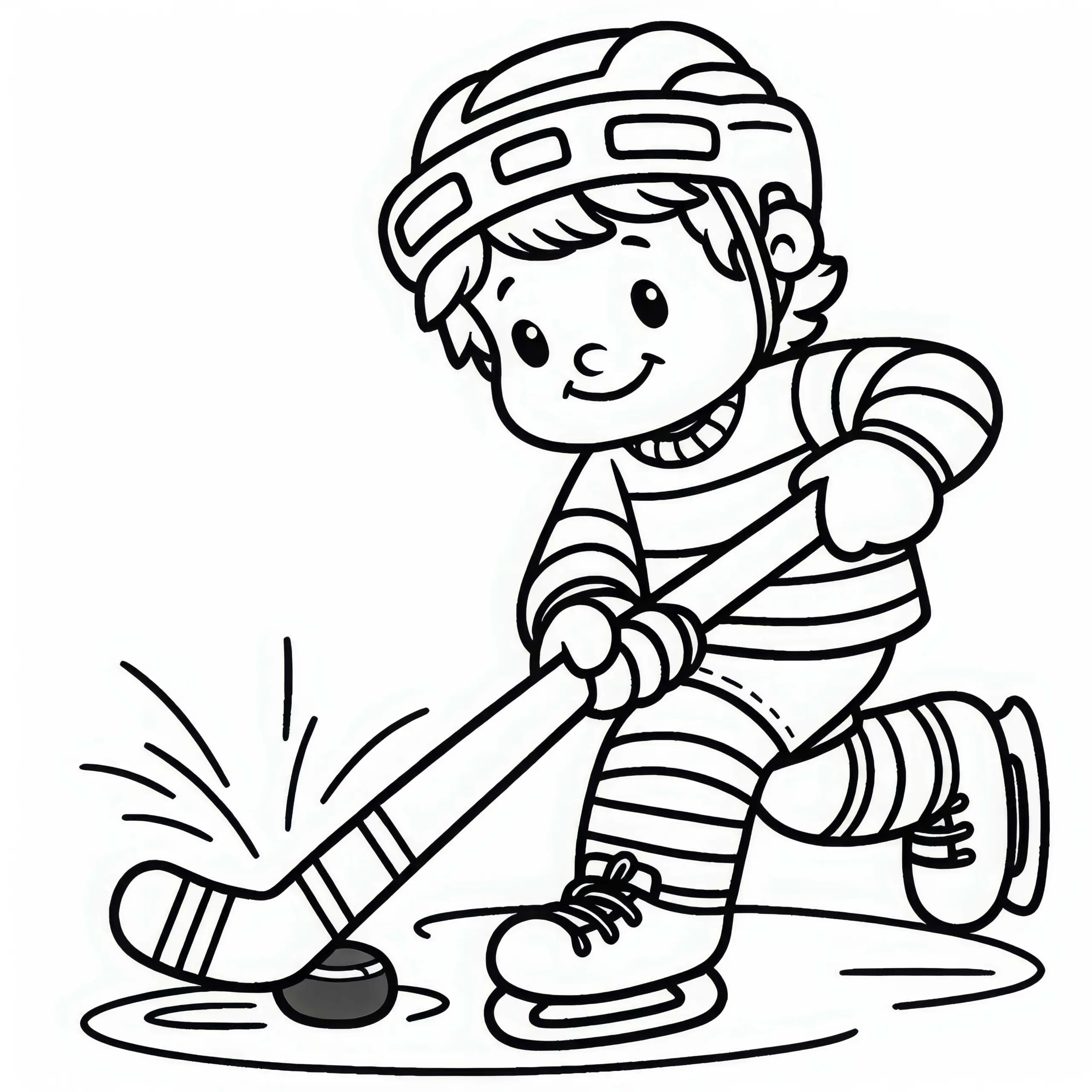 Eishockey-Spieler dribbelt mit dem Puck am Schläger entlang – Malvorlage gratis (Ausmalbild)