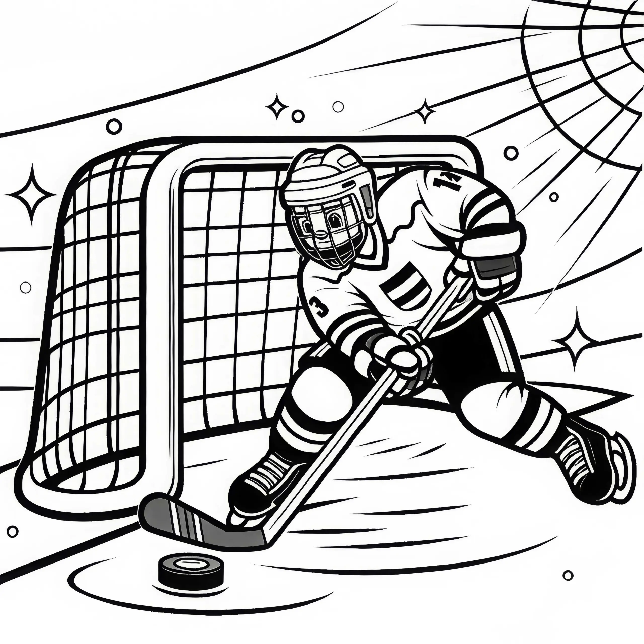 Eishockey Spieler holt Puck nahe dem Tor – Malvorlage gratis (Ausmalbild)