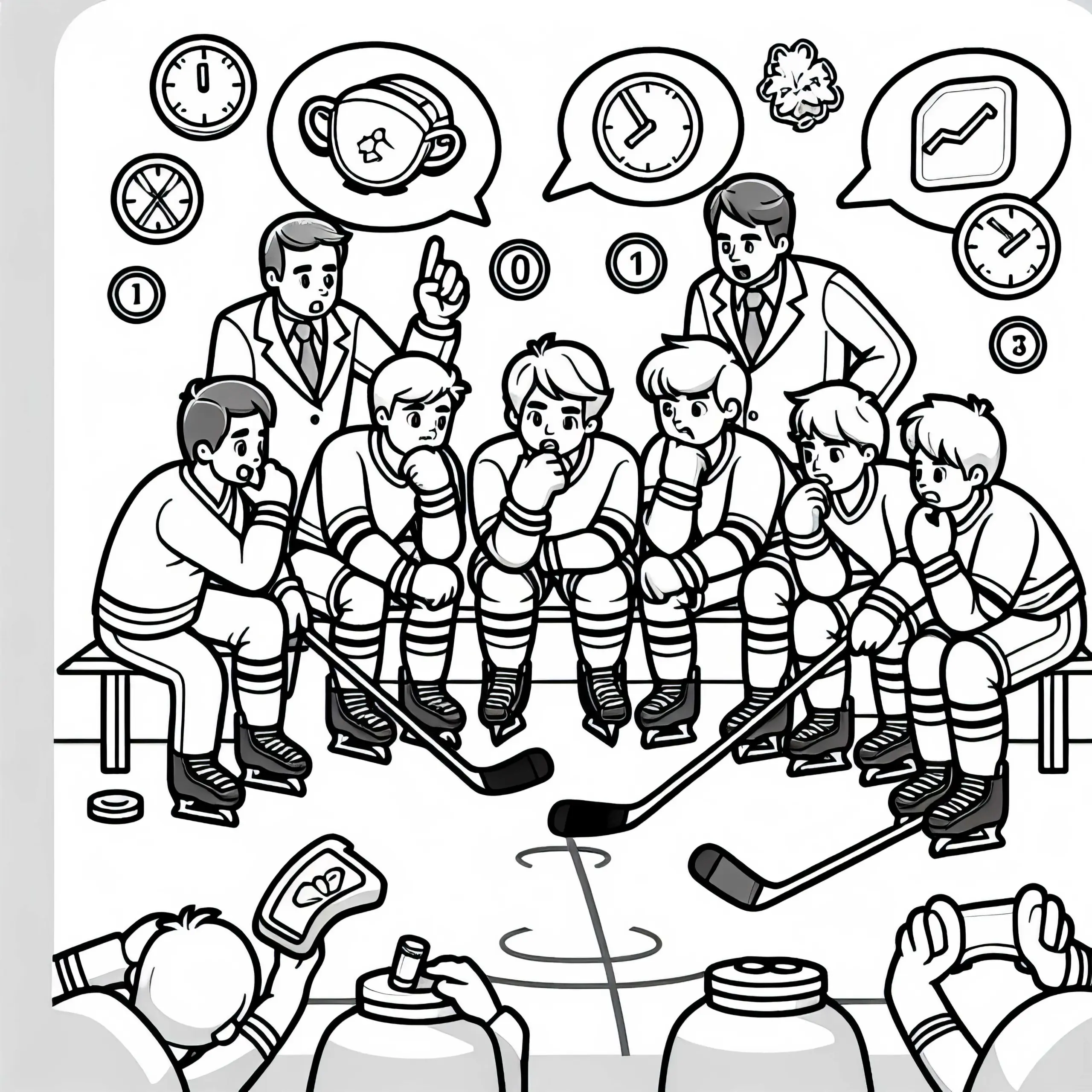 Eishockey-Team plant Taktik während Auszeit – Malvorlage gratis (Ausmalbild)