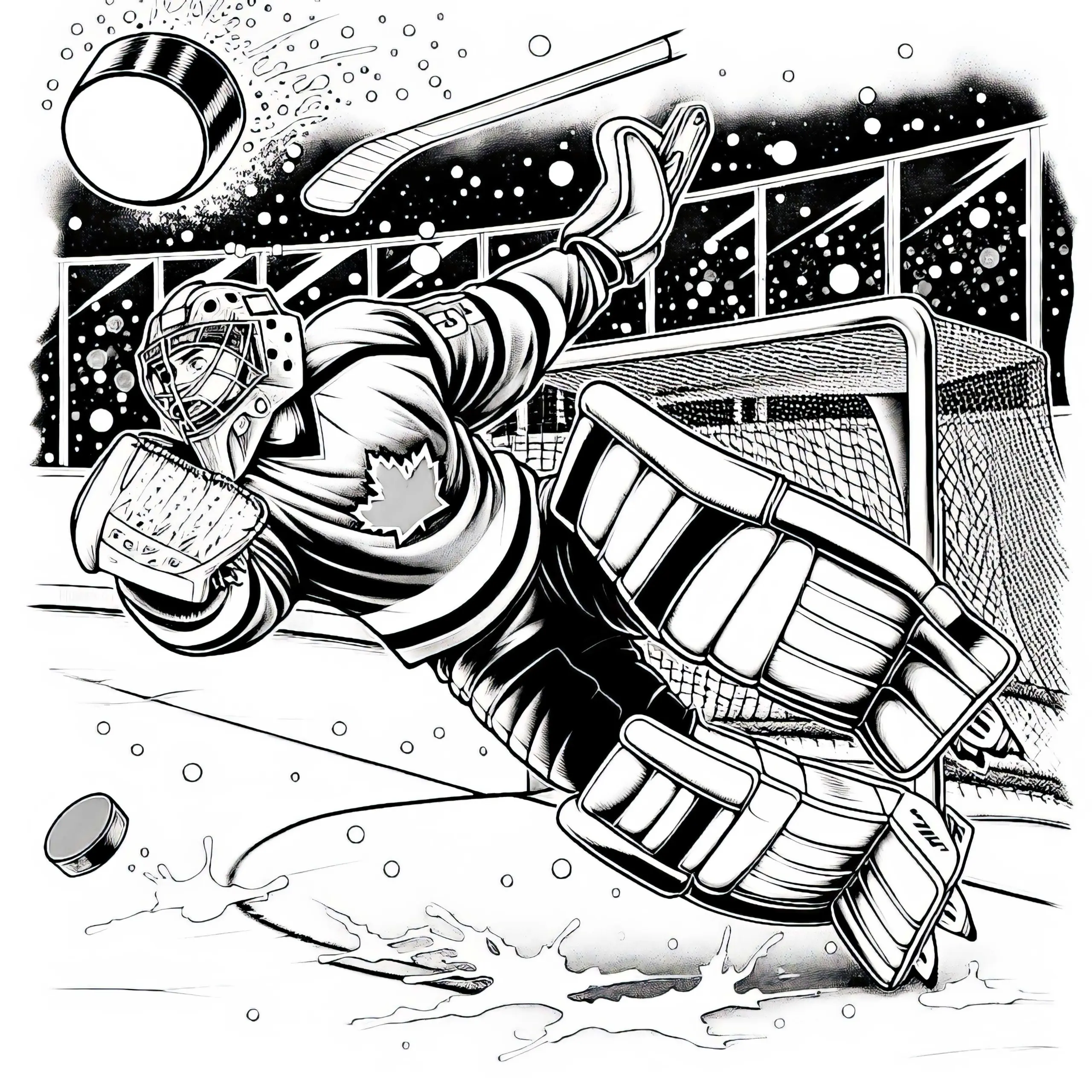 Eishockeytorwart hält Puck mit spektakulärem Sprung – Malvorlage kostenlos (Ausmalbild)
