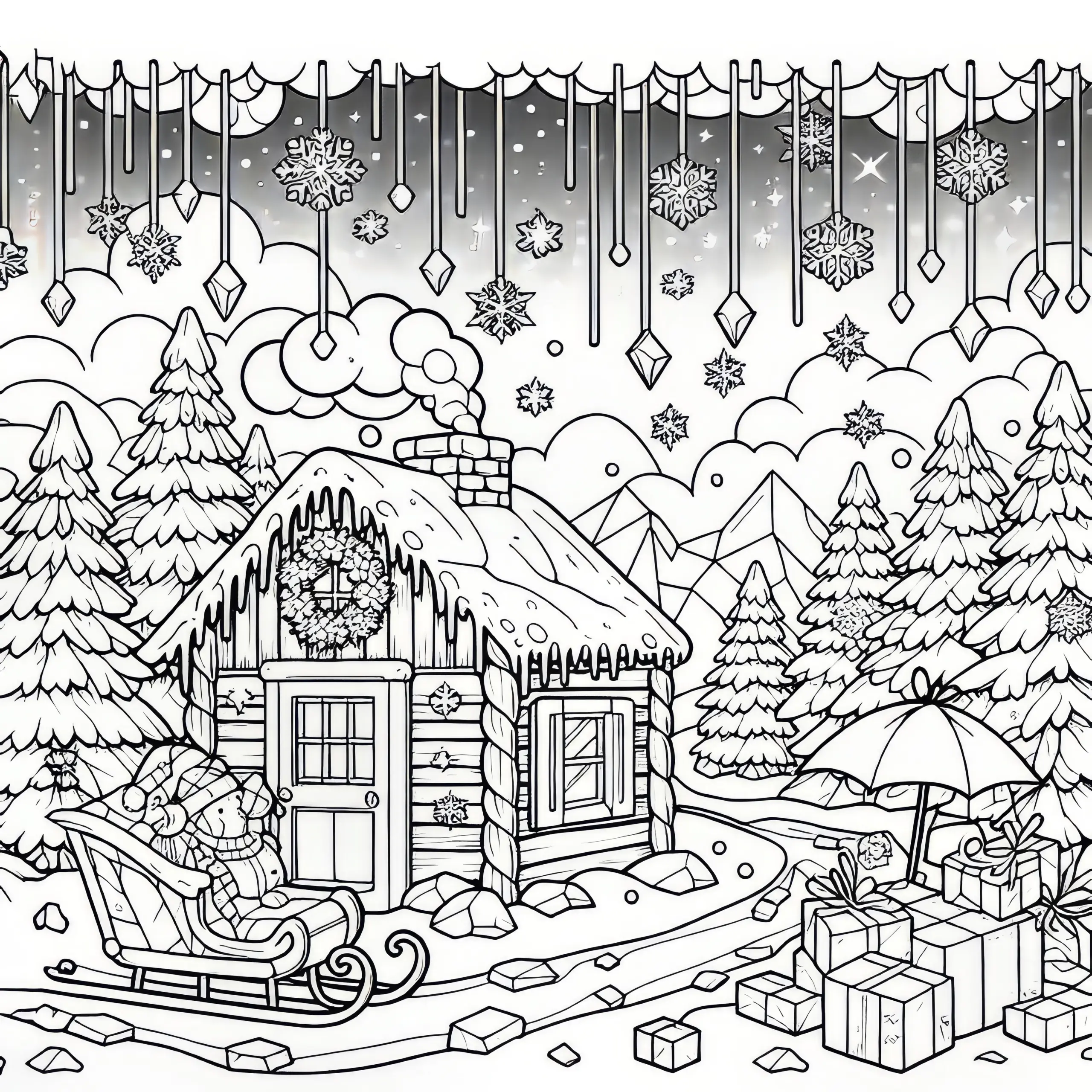 Eiskristalle in der Winterlandschaft: Malvorlage zum Herunterladen (Kostenlos) (Ausmalbild)