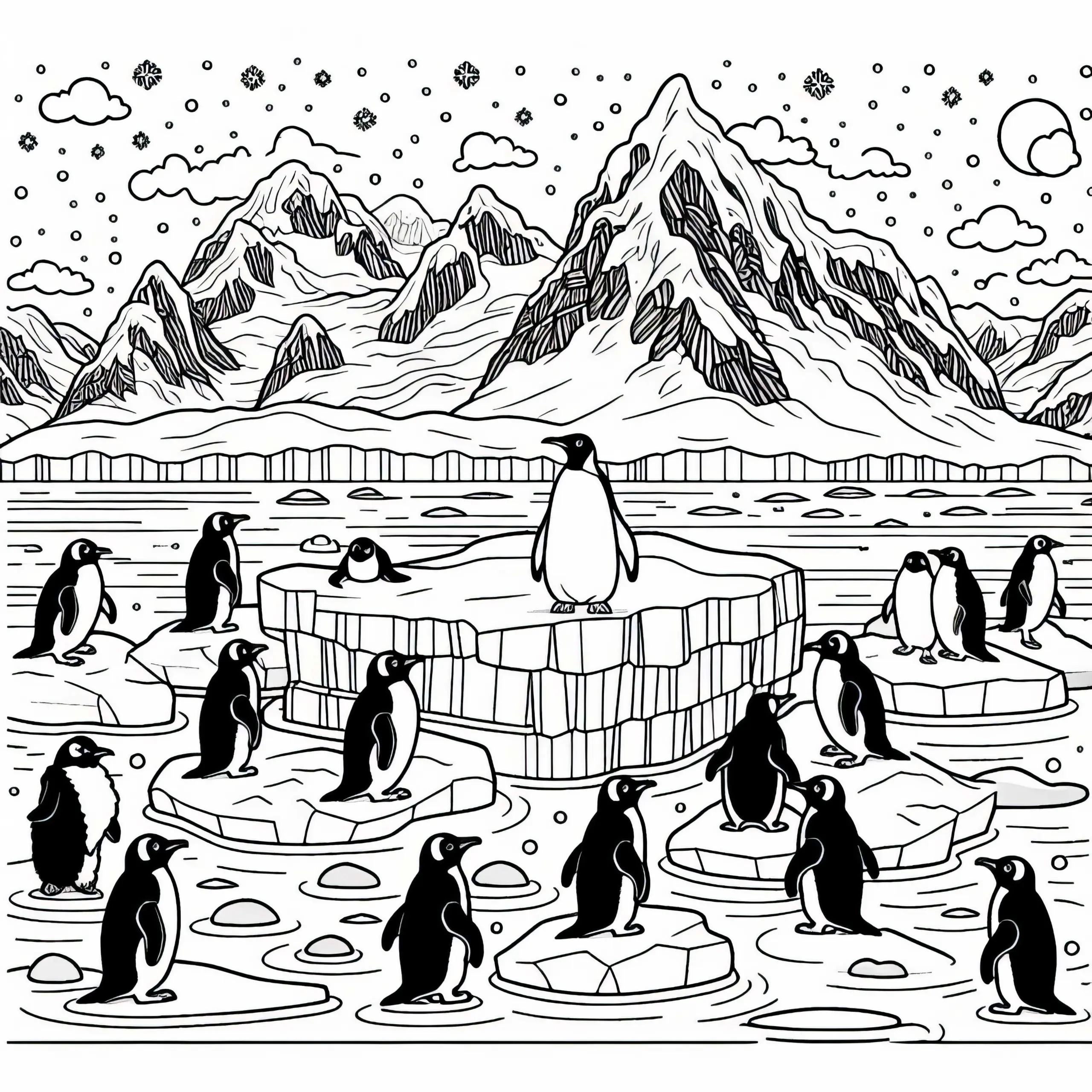 Eislandschaft mit Pinguinen auf Scholle – Ausmalbild Antarktis kostenlos