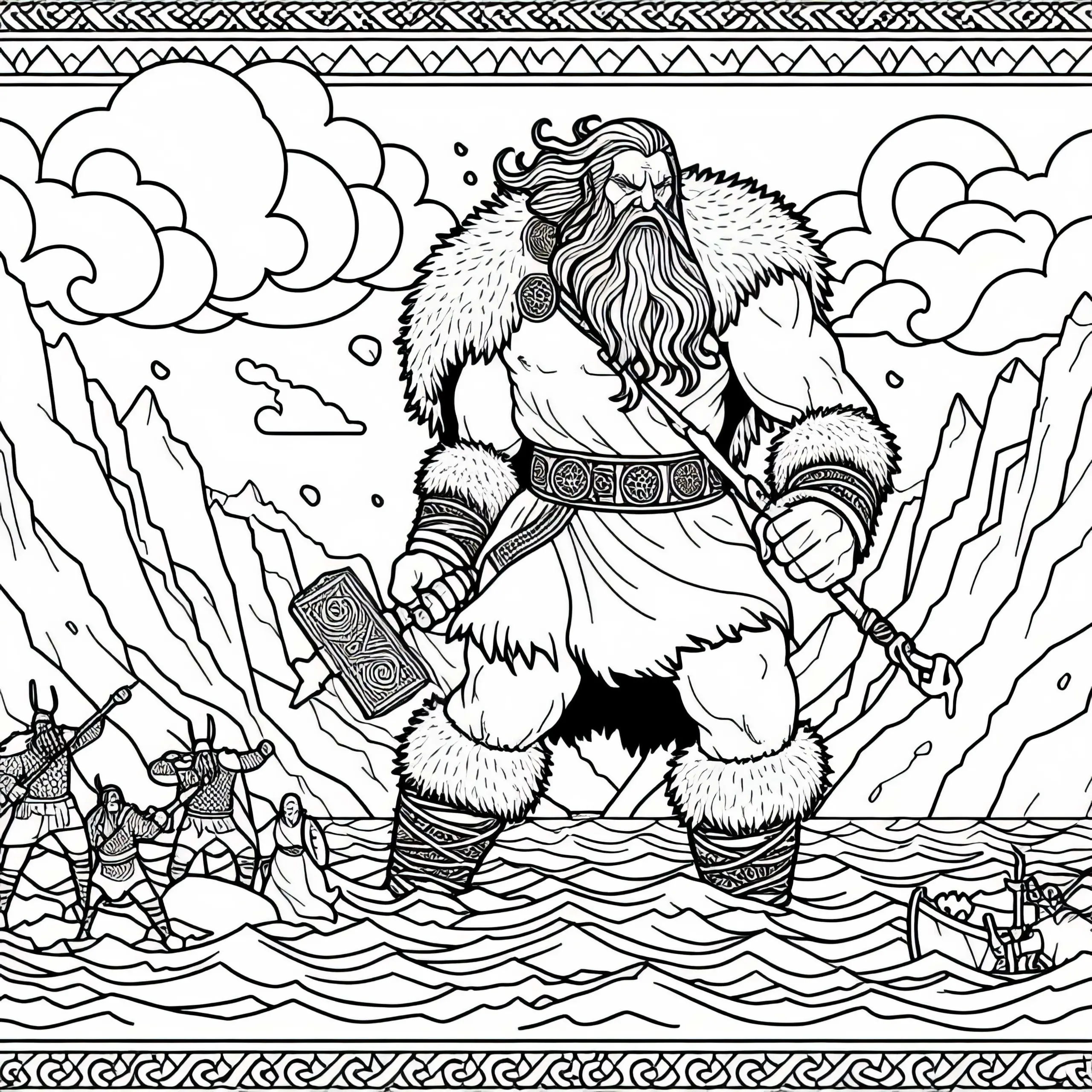 Eisriese in Jötunheimr kämpft – Malvorlage nordische Mythologie kostenlos (Ausmalbild)