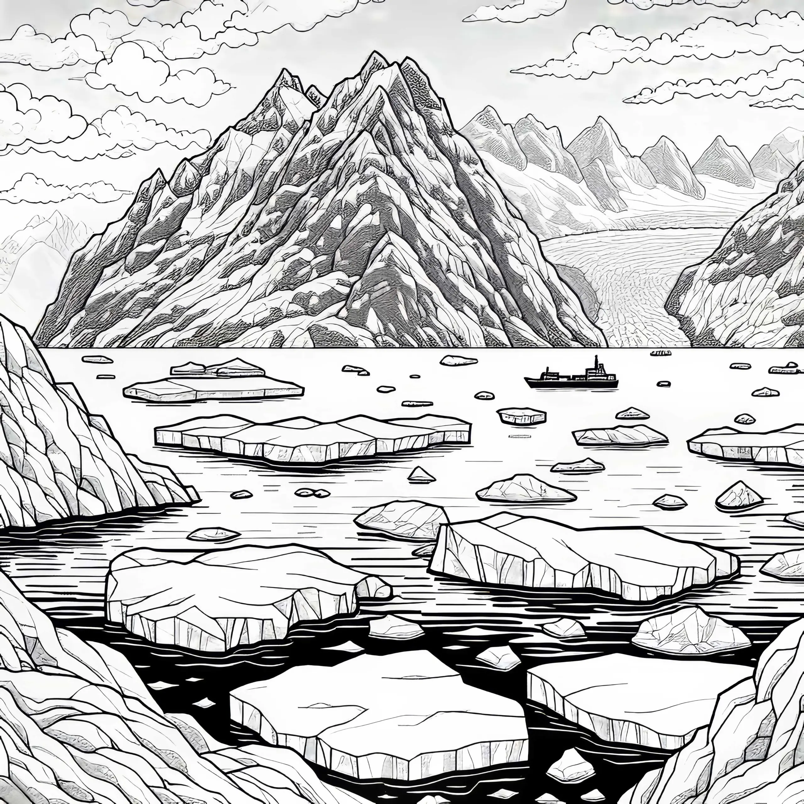 Eisschollen treiben im kalten Wasser – Malvorlage kostenlos (Ausmalbild)