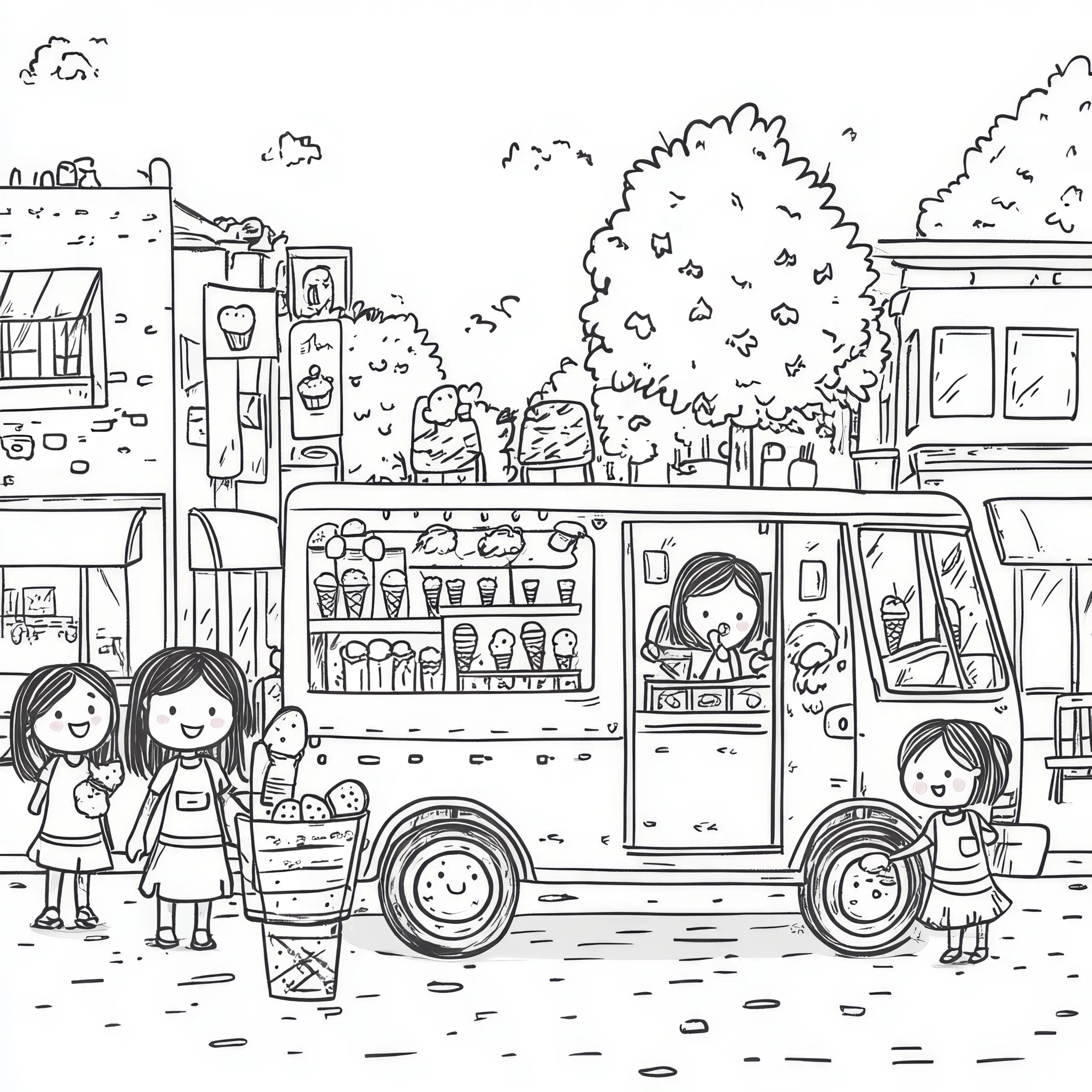 Eiswagen mit Kindern in der Stadt: Malvorlage zum Download (Kostenlos) (Ausmalbild)