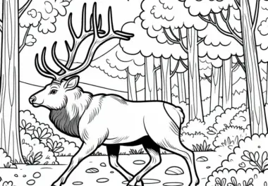 Elch durchstreift herbstliche Waldlandschaft – Ausmalbild gratis