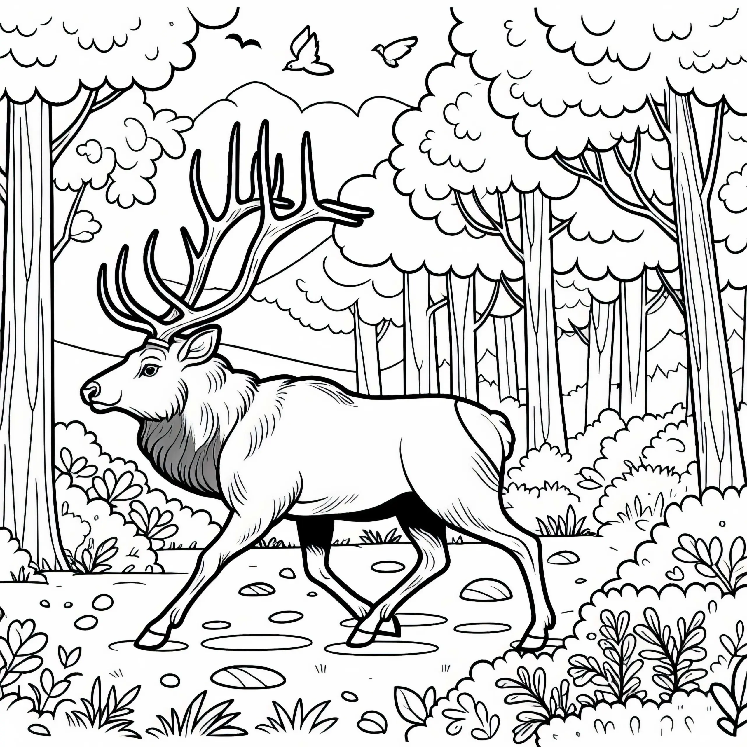 Elch durchstreift herbstliche Waldlandschaft – Ausmalbild gratis