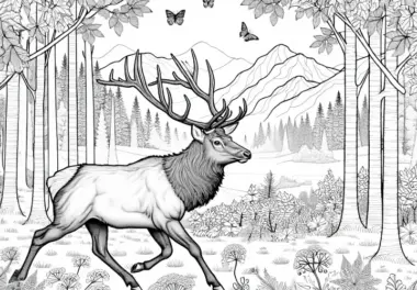 Elch durchstreift herbstliche Waldlandschaft – Detailreiche Malvorlage kostenlos