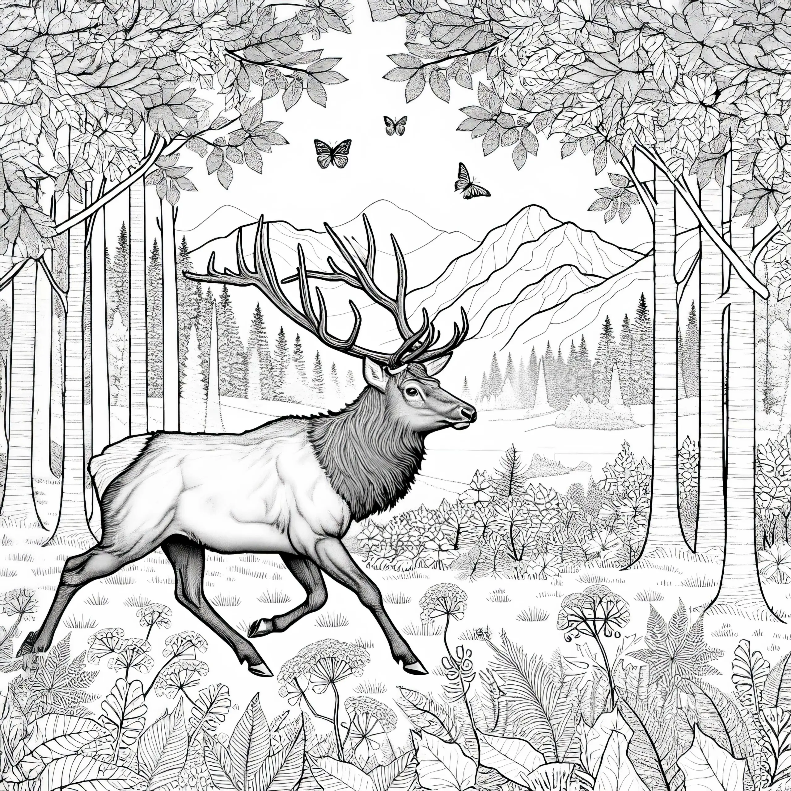 Elch durchstreift herbstliche Waldlandschaft – Detailreiche Malvorlage kostenlos (Ausmalbild)