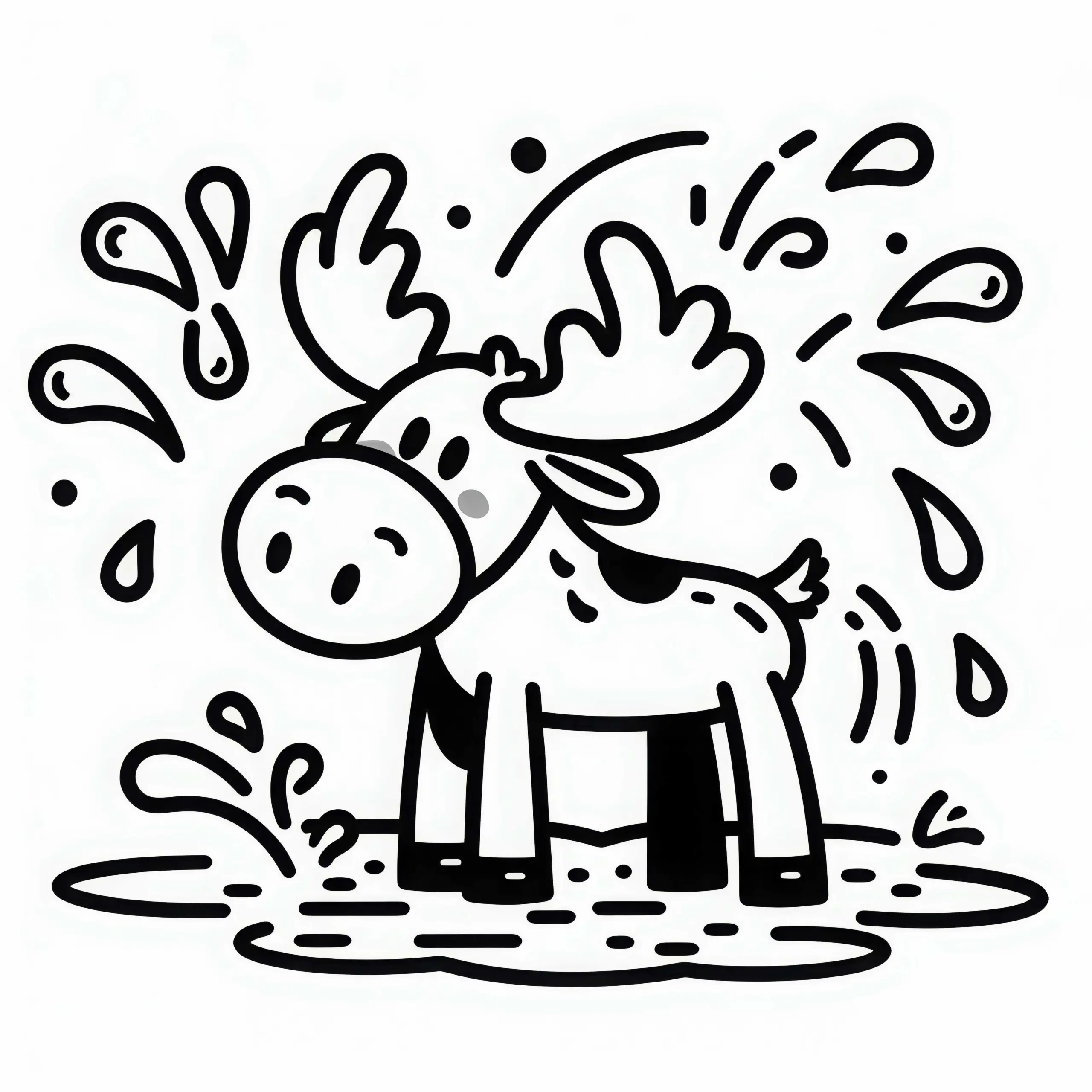 Elch schüttelt Kopf und lässt Wassertropfen vom Geweih spritzen – Malvorlage einfach (Ausmalbild)