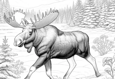 Elch trabt gemütlich über schneebedeckte Lichtung – Ausmalbild detailreich kostenlos