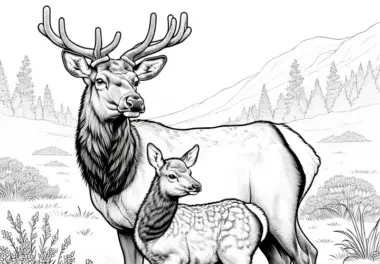 Elchmutter steht mit Kalb auf Wiese – Detailreiches Ausmalbild kostenlos