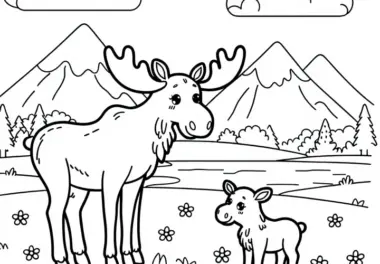 Elchmutter steht mit Kalb auf Wiese – Malvorlage gratis