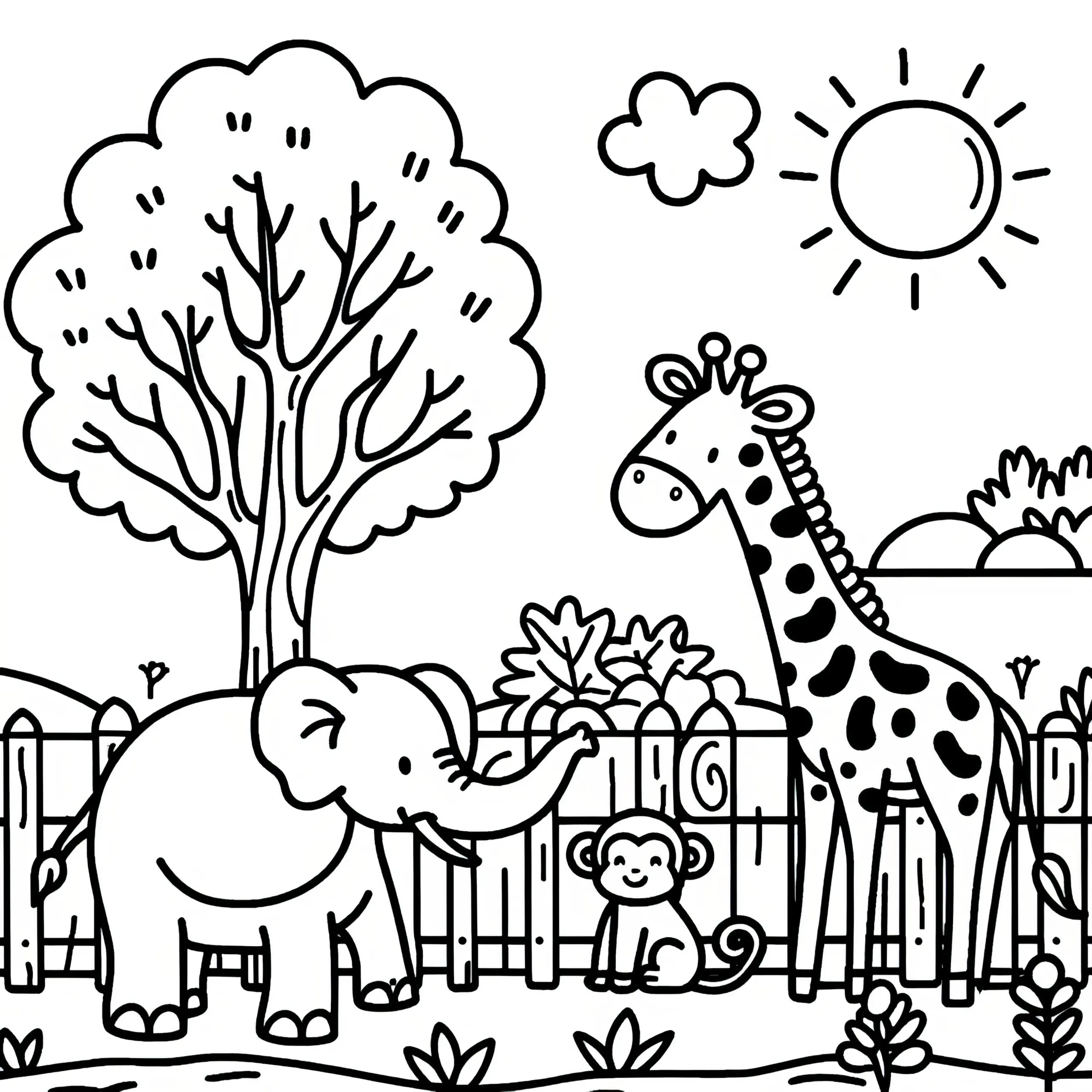 Elefant, Affe und Giraffe im Zoo: Ausmalbild zum Download (Kostenlos)