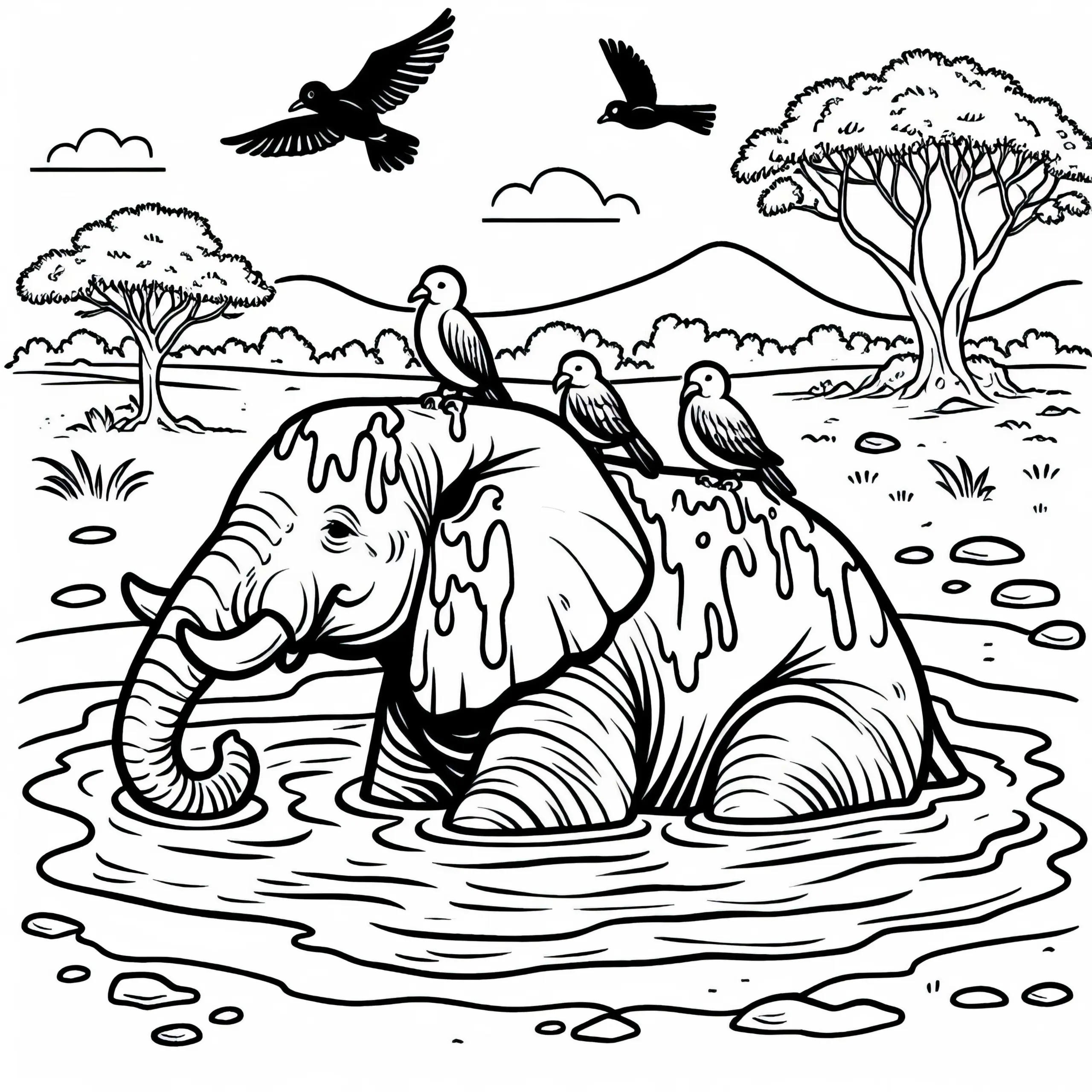 Ein Elefant badet im Schlammloch mit Vögeln auf dem Rücken – Ausmalbild zum kostenlosen Download