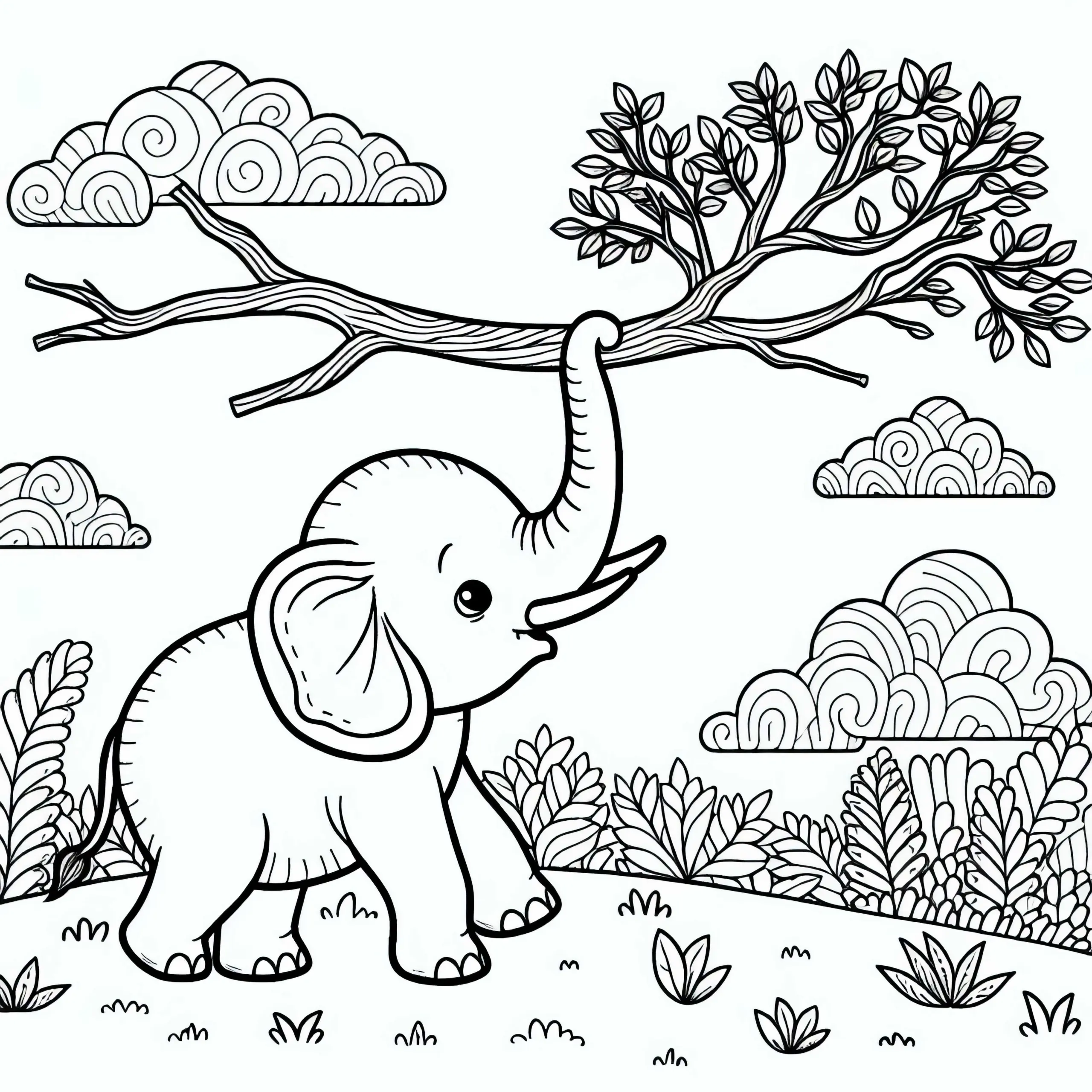 Ein Elefant hebt einen Ast mit dem Rüssel – Ausmalbild kostenlos