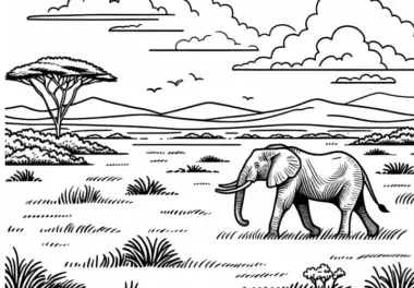 Elefant läuft durch weite Landschaft der Savanne – Ausmalbild kostenlos