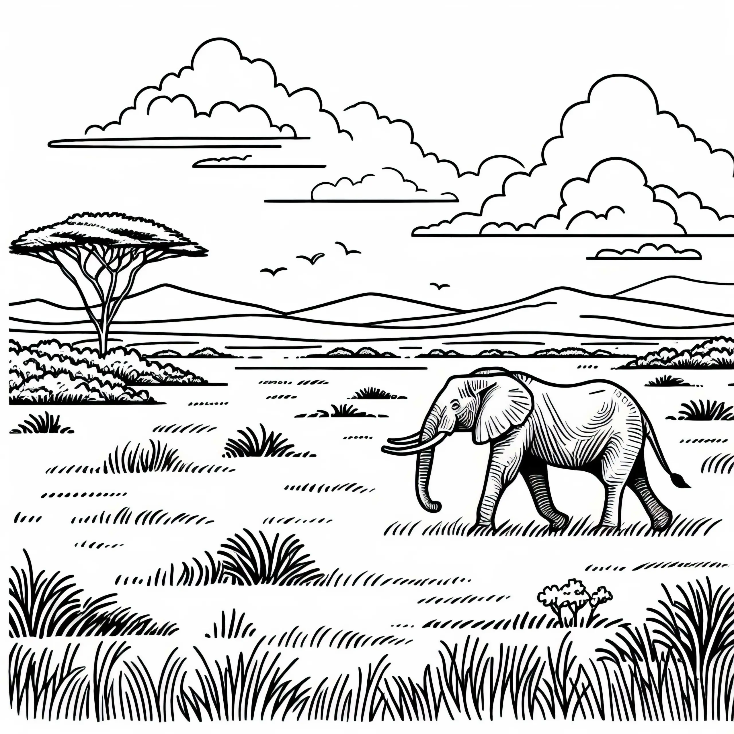 Elefant läuft durch weite Landschaft der Savanne – Ausmalbild kostenlos