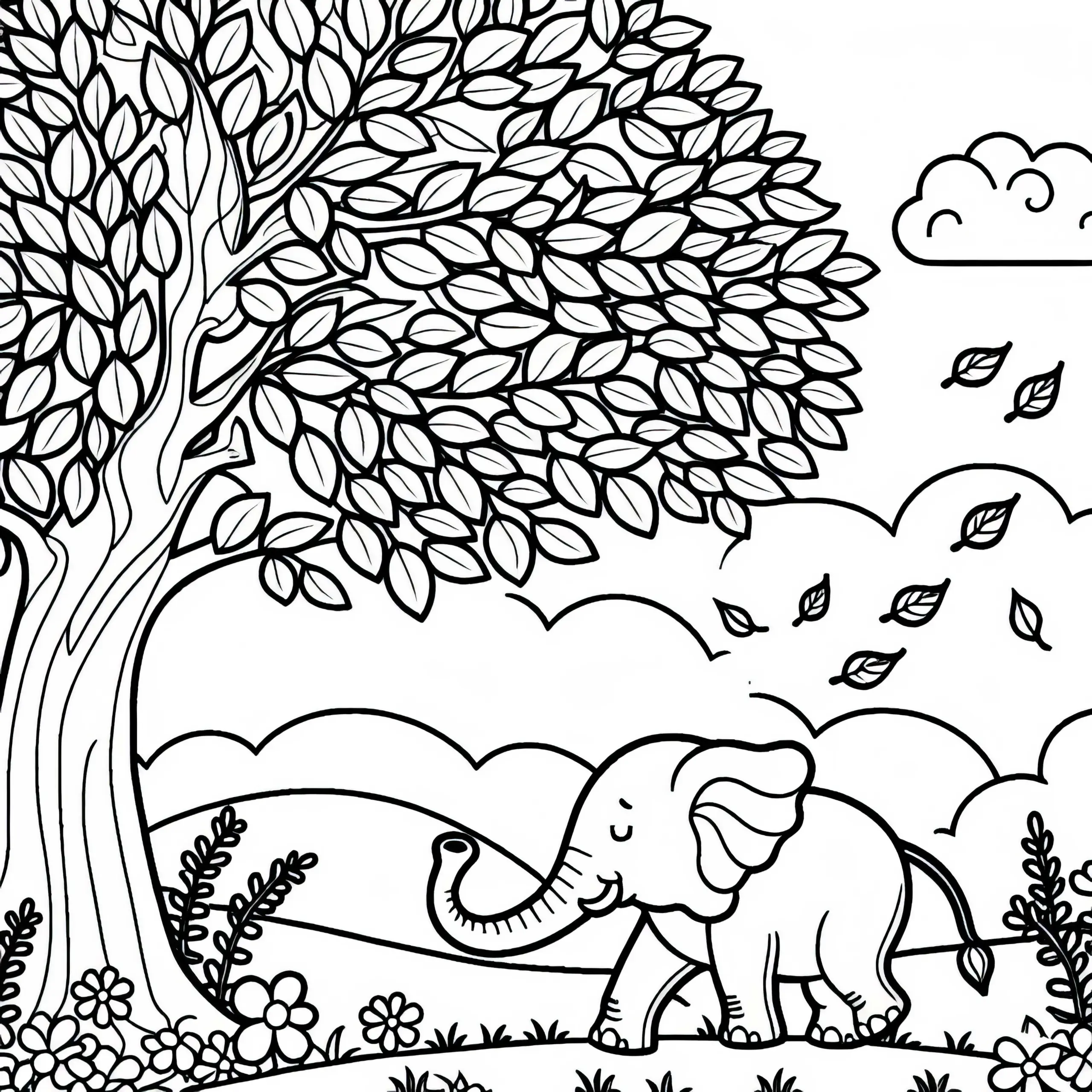 Elefant steht unter Baum – Ausmalbild gratis