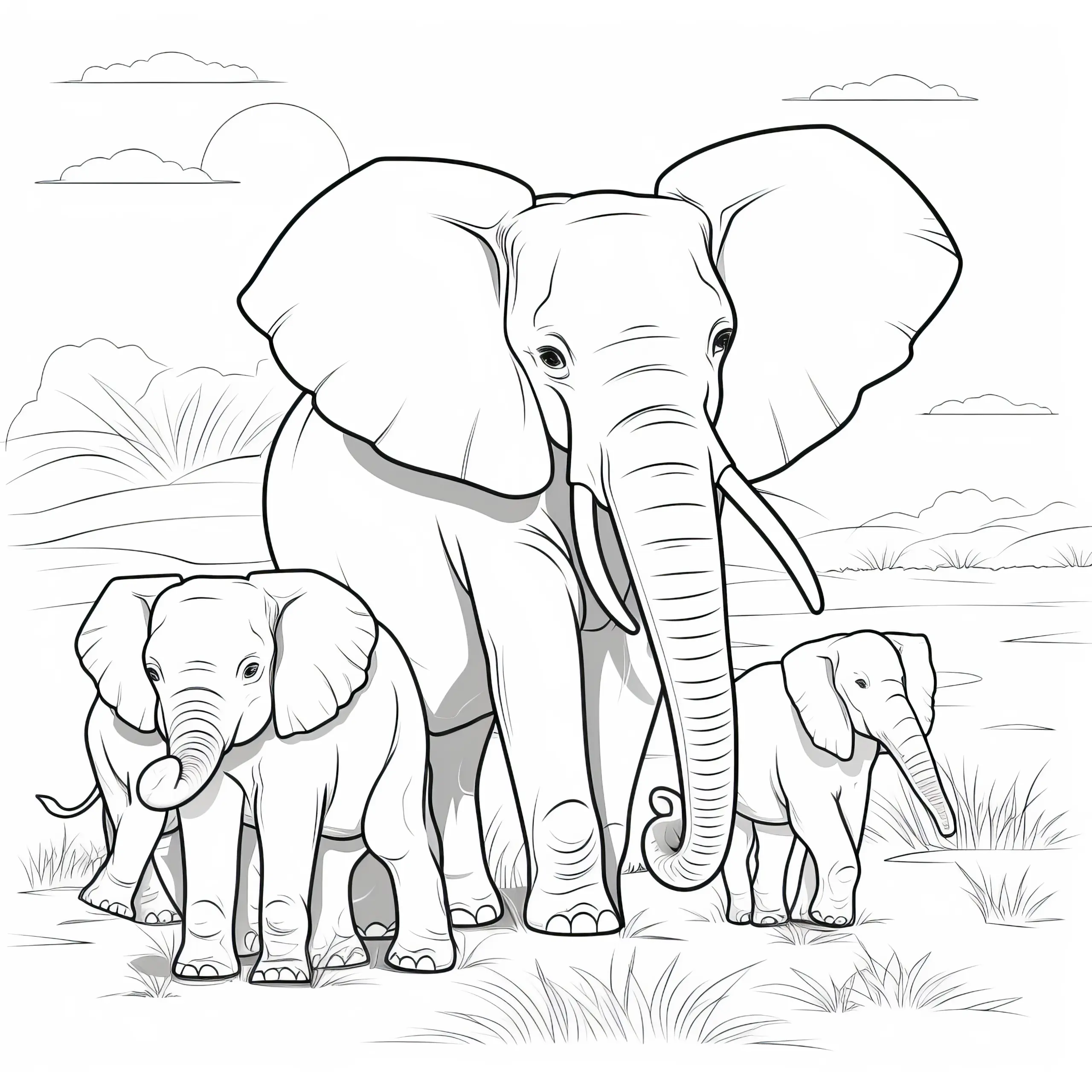 Elefanten-Familie: Einfache Malvorlage zum Download (Gratis) (Ausmalbild)
