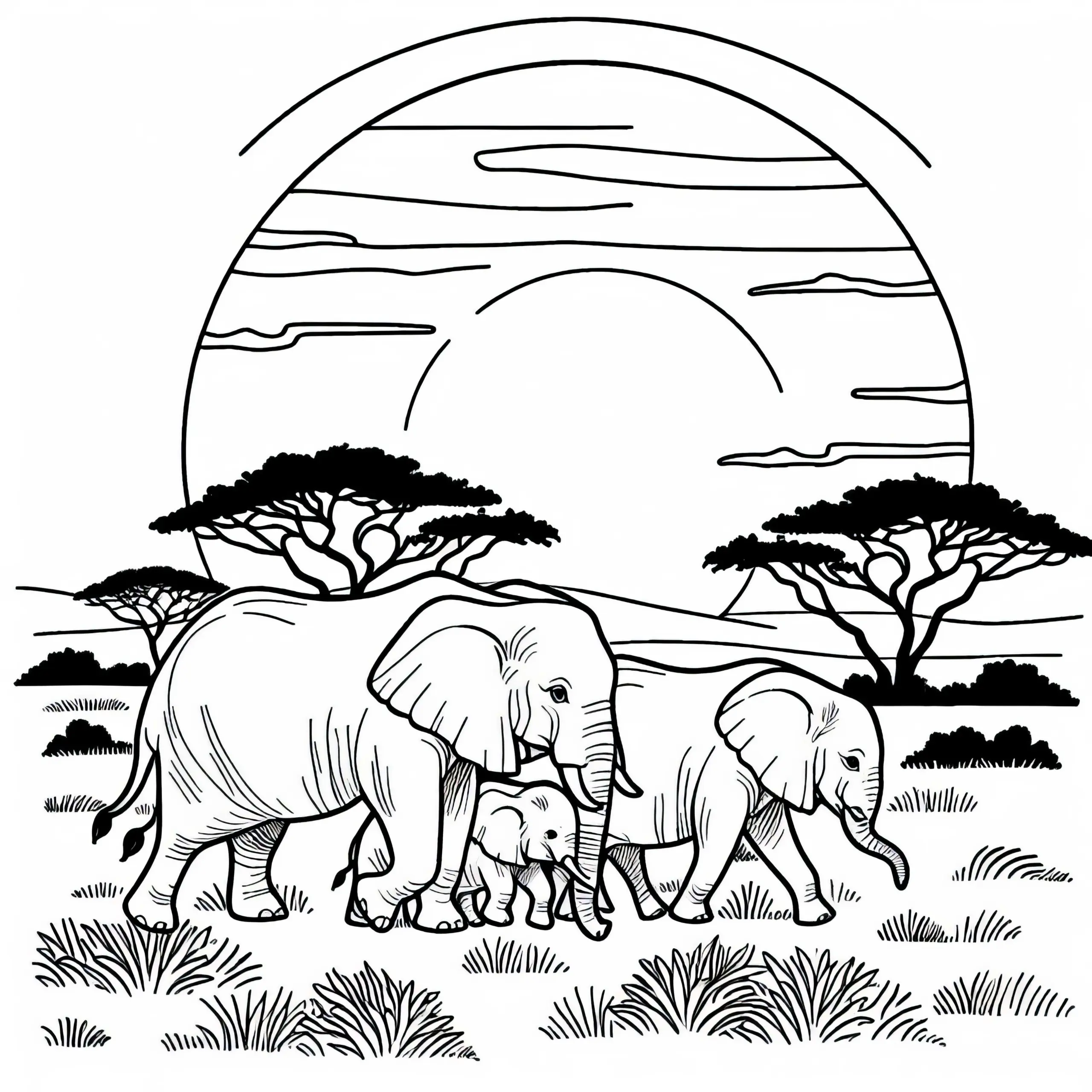 Elefantenfamilie wandert durch die Savanne bei Sonnenuntergang – Malvorlage kostenlos (Ausmalbild)