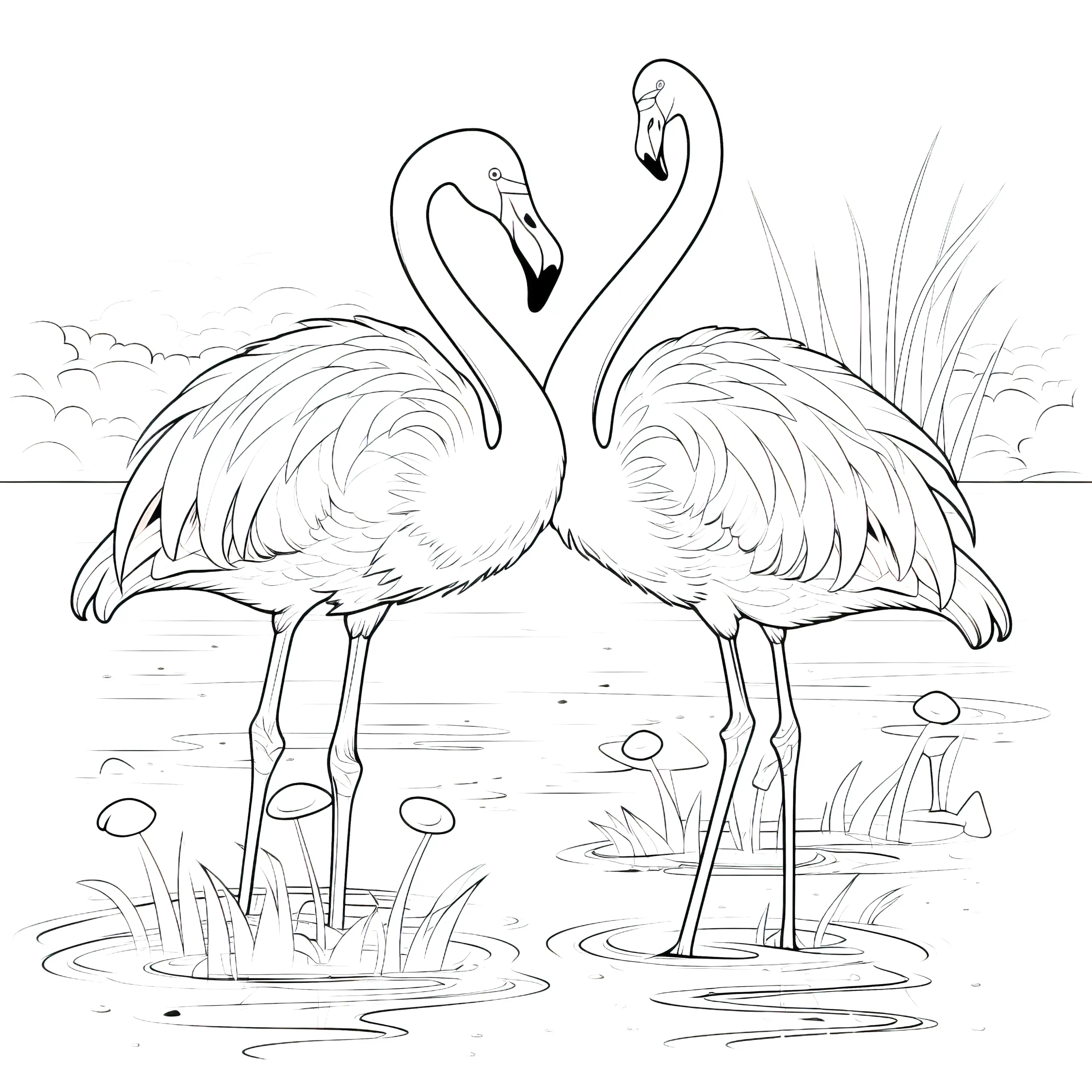 Elegante Flamingos im See: Ausmalbild kostenlos zum Download