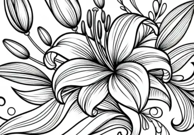 Elegante Lilie mit geschwungenen Blättern – Malvorlage für Sommerblumen zum kostenlosen Download