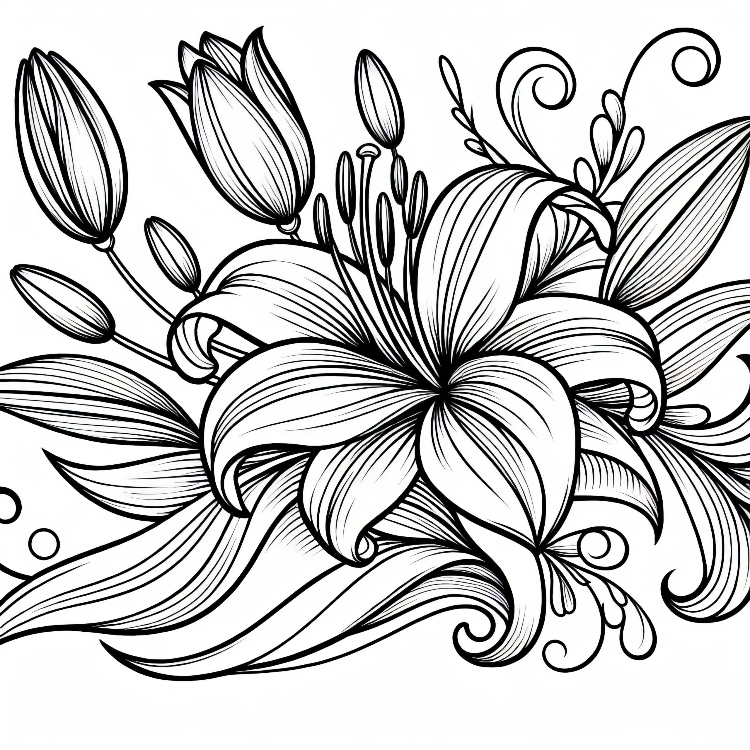 Elegante Lilie mit geschwungenen Blättern – Malvorlage für Sommerblumen zum kostenlosen Download (Ausmalbild)