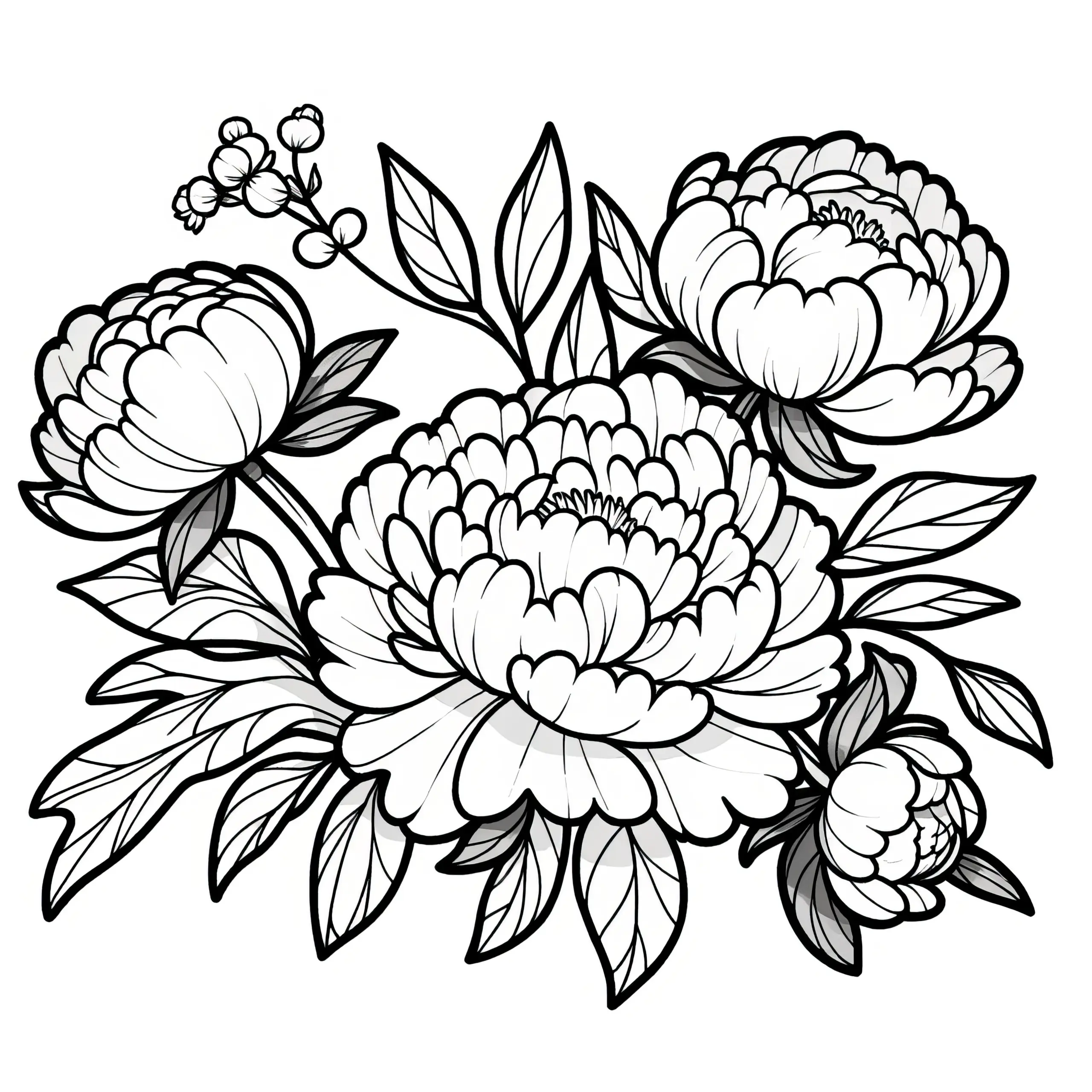 Elegante Pfingstrosen Blüten zum Ausmalen (Kostenlos) (Ausmalbild)