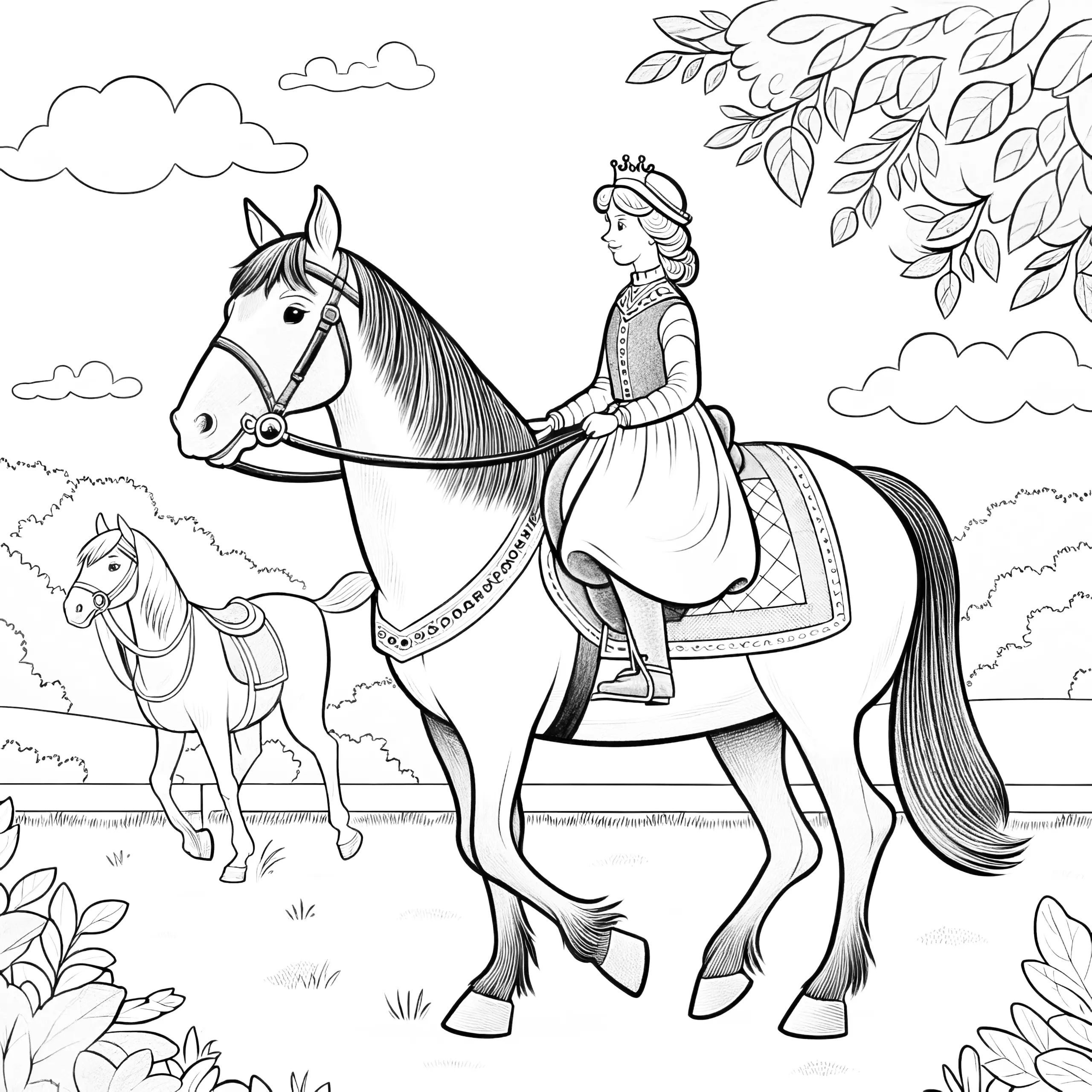 Elegante Prinzessin auf einem großen Pferd: Ausmalbild zum Download
