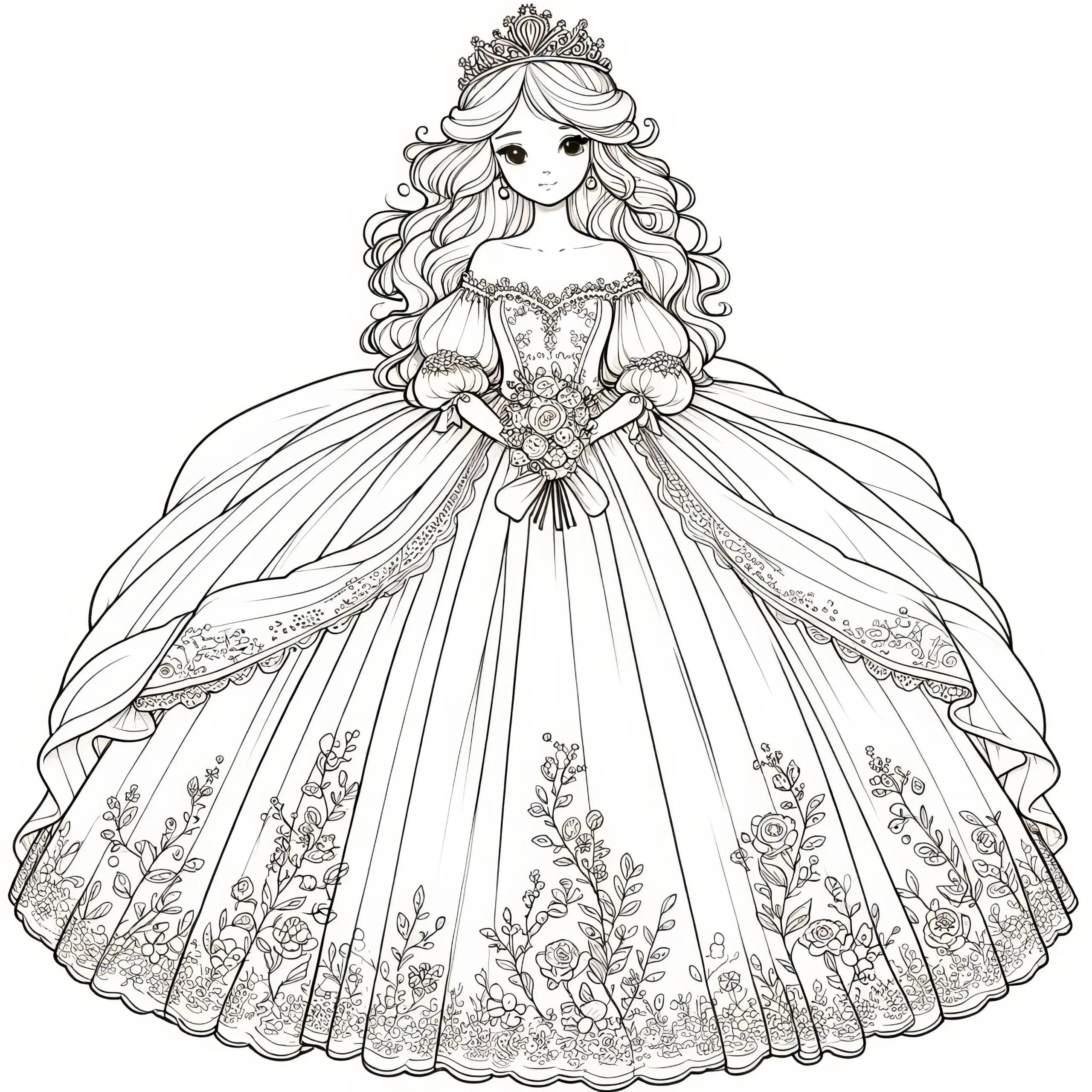 Elegante Prinzessin in prächtigem Kleid: kostenlose Malvorlage (Ausmalbild)