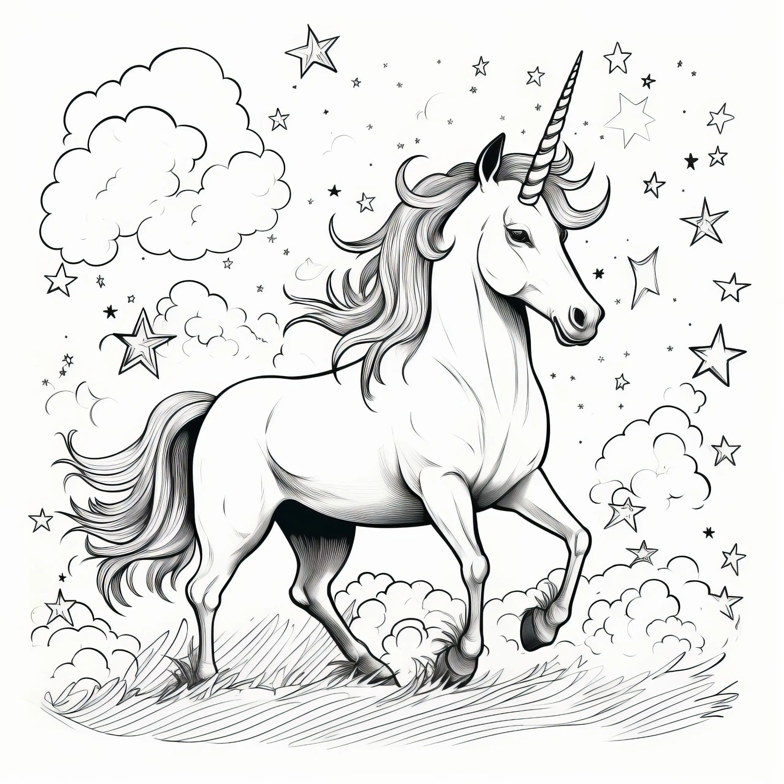 Elegantes Einhorn in Landschaft mit Sternen am Nachthimmel: Ausmalbild (Kostenlos)